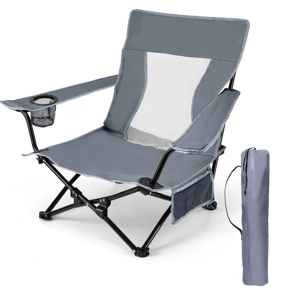 Condition photo showing New/Like New for walchoice folding beach chair for adults, low seat camping chair with high back, wide seat chair with cup holder & carry bag, heavy duty portable chair for outdoor picnic travel - gray