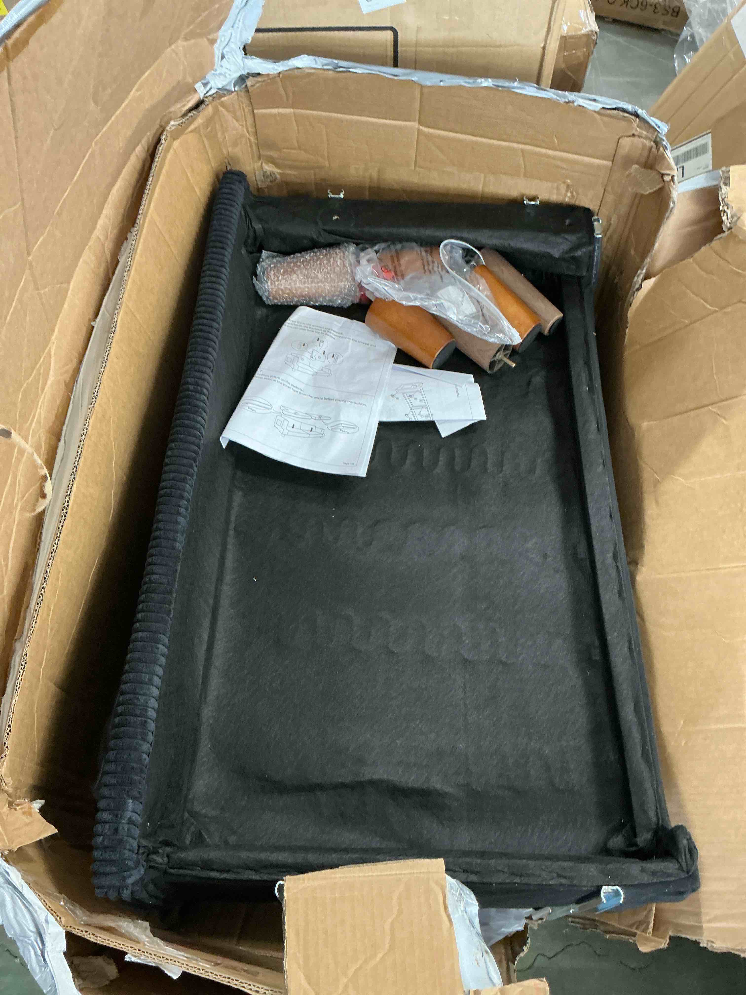 Condition photo showing As Is for aaqz 87" corduroy sofa couch for living room, 3 seater deep seat comfy couch in a box, 2 cushions, 2 pillows tool-free setup,black
