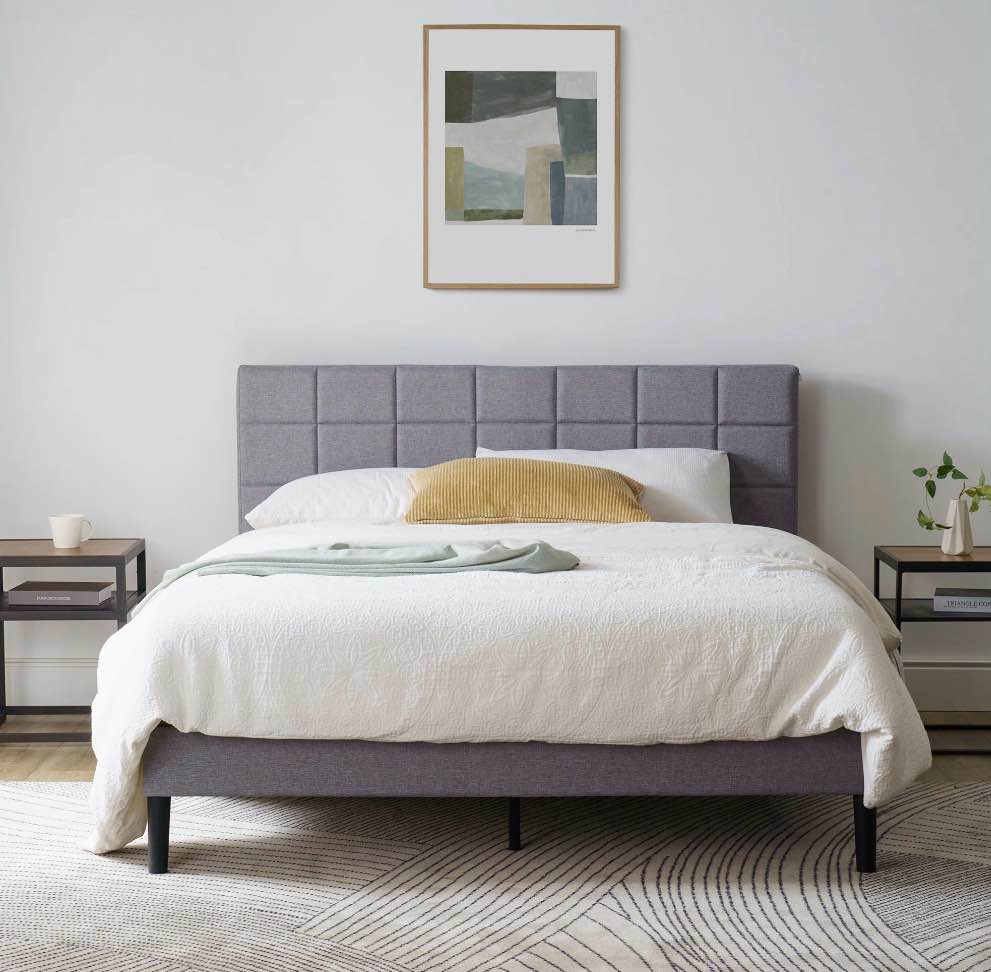 Condition photo showing New/Like New for mainstays gray upholstered square tufted platform bed, no box spring needed, queen