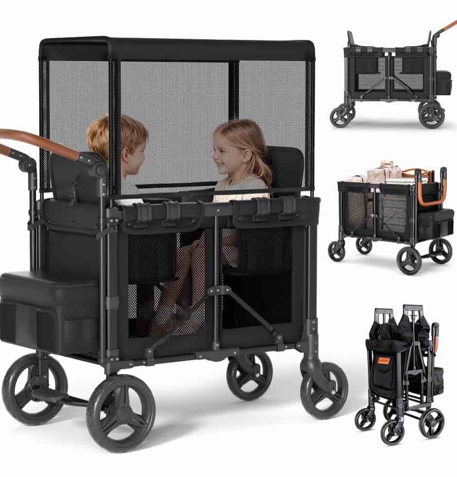 TouHeart Foldable Wagon Stroller for 2 Kids, 3-in-1 Stroller Wagon with Canopy, 5-Point Harness, 180° Adjustable Handlebars, Removable Seat for Toddlers and Child, Black