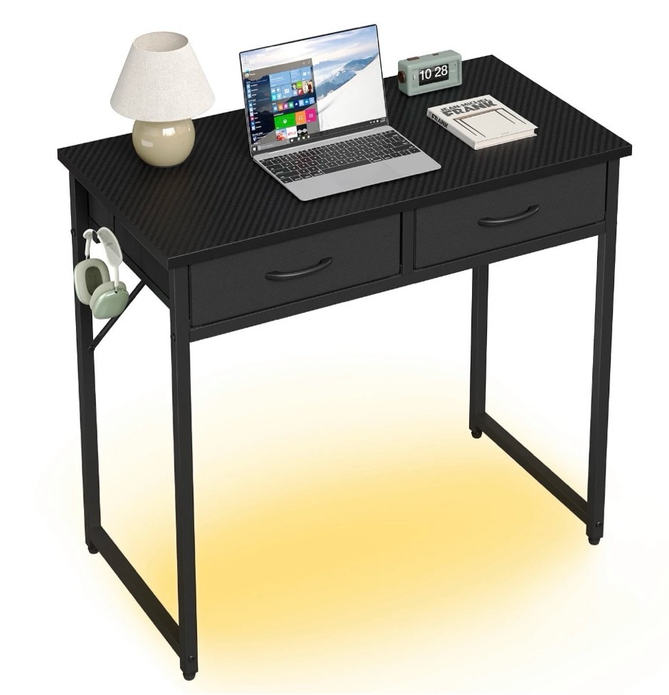 Pinmoco Writing Desk With 2 Fabric Drawers& Hanging Hook, 32 Inch Computer Desk Study Table Vanity Desk For Small Spaces, Home Office, Black 32"