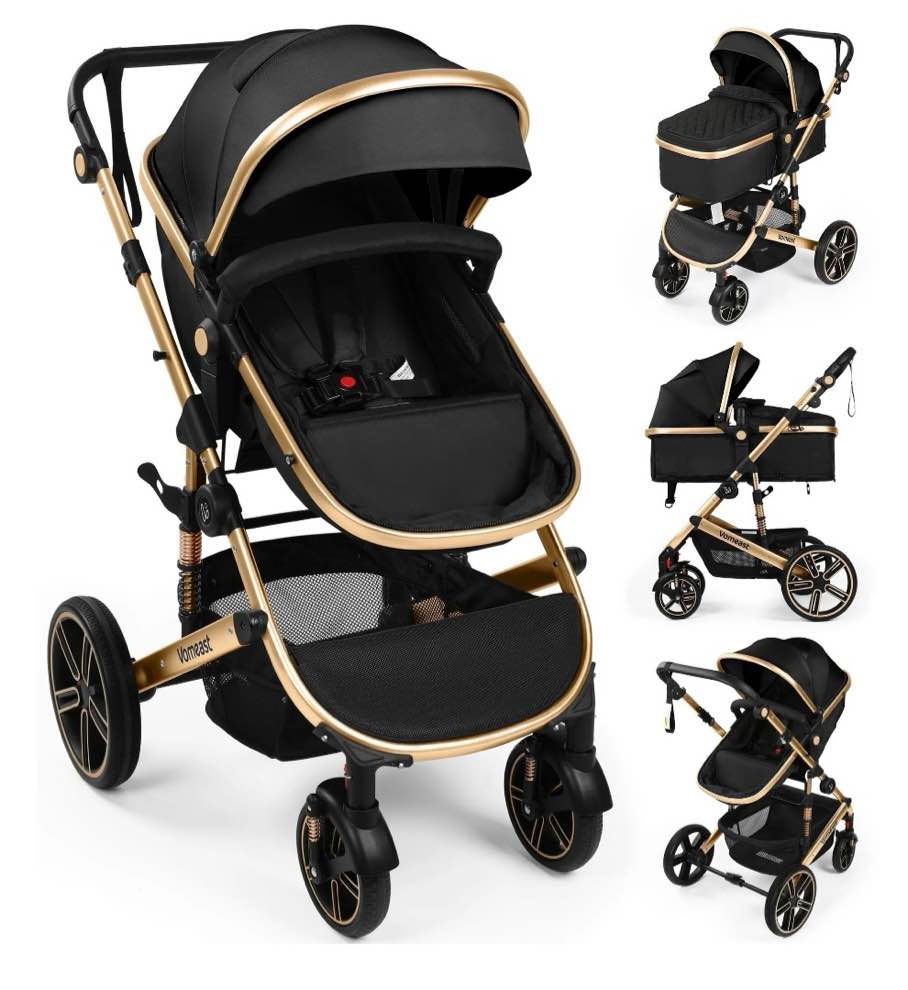 Vomeast Baby Stroller, Foldable Aluminum Alloy Stroller with Reversible, Travel Stroller for Newborn Infant, Black