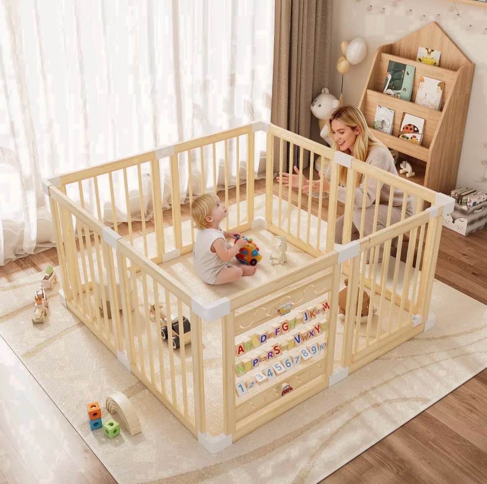 Babyeap Wooden Baby Playpen,Foldable Play Yards for Babies and Toddlers,Large Wood Play Gate with Built-in Toys,Baby Fence Activity Center 47x47x23.6 Inch