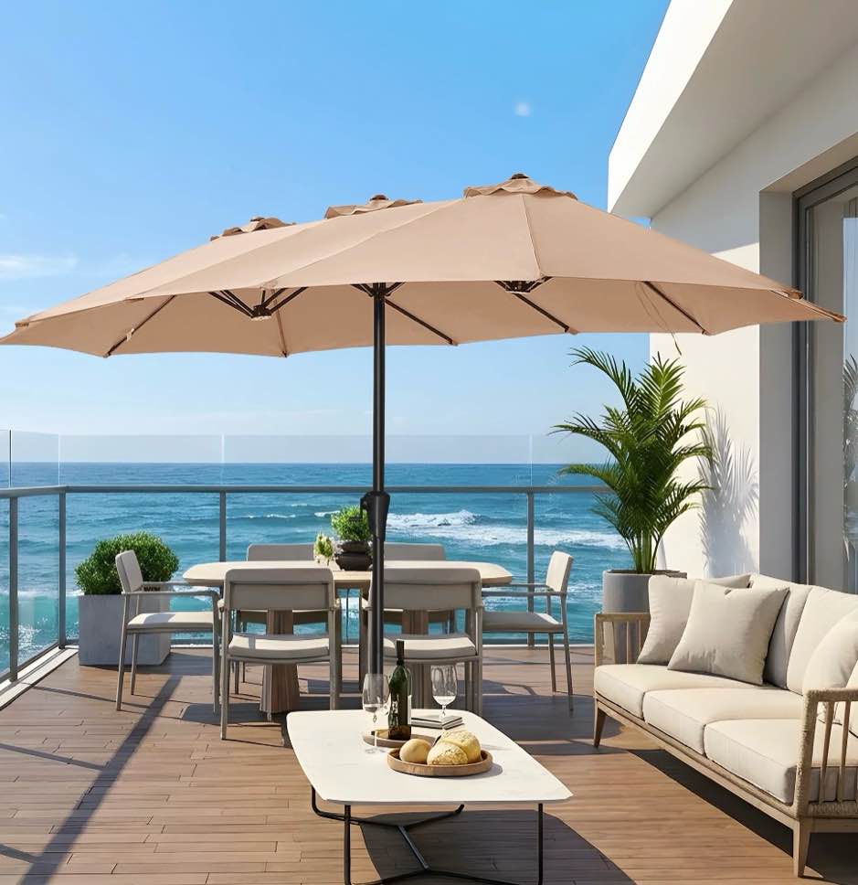 Amadwell 13FT Large Patio Umbrella, Double Sided Outdoor Rectangular Umbrellas with Fade Resistant Canopy, Beige