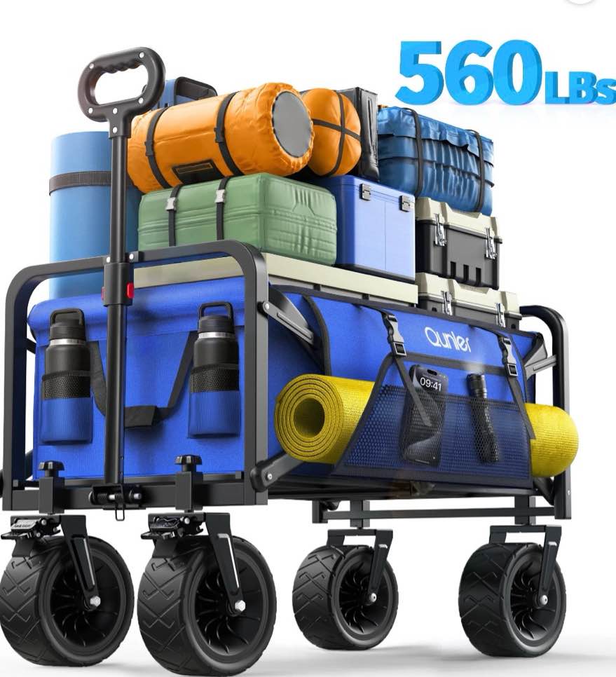 Qunler 560lbs Collapsible Folding Wagon, Heavy Duty Utility Beach Cart with 8" Wheels and Side Pocket, Large Capacity for Camping, Beach, Shopping, Sports, Outdoor, Blue