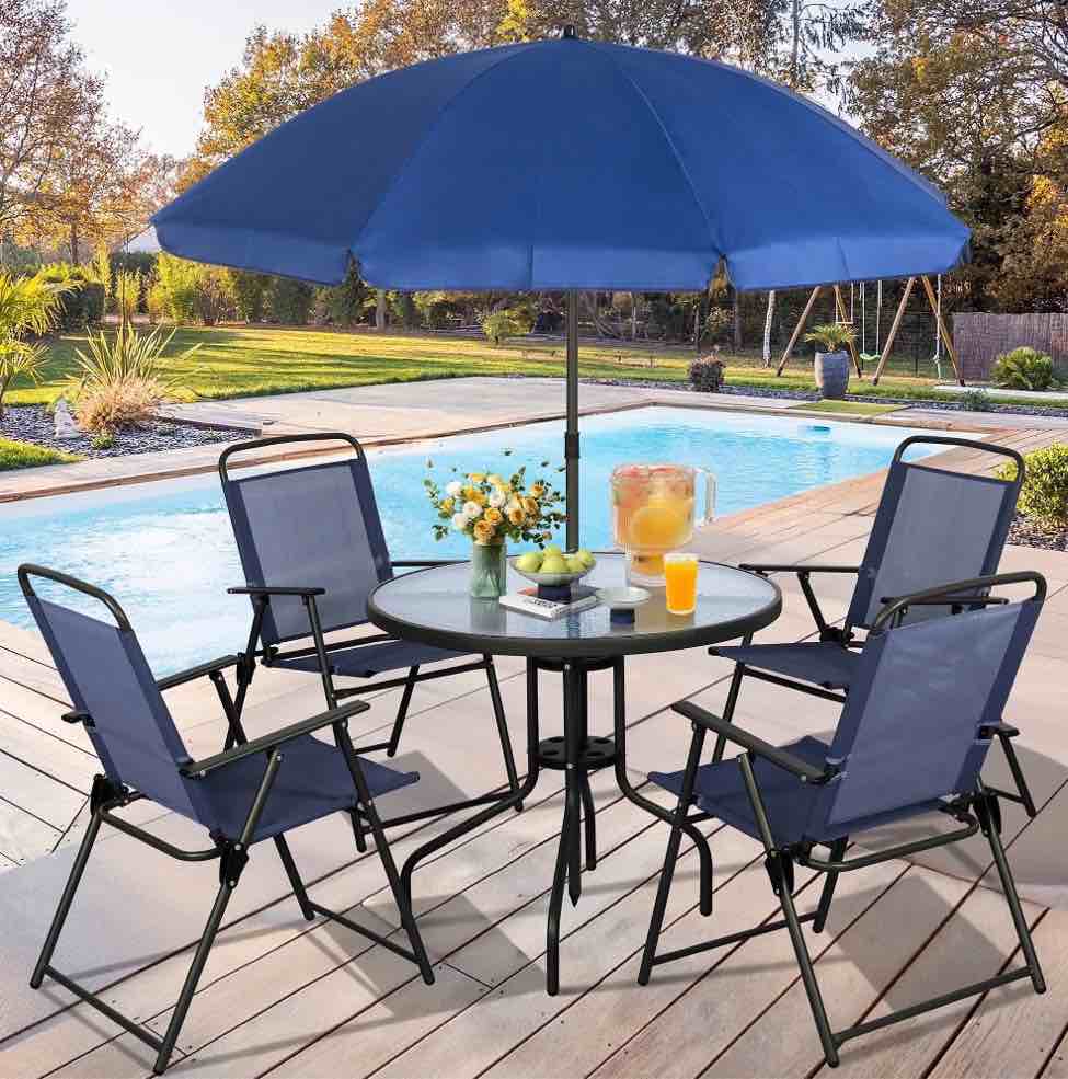 walsunny 6 piece patio furniture set with umbrella, outdoor patio dining set with 4 folding chairs and tempered glass dining table, dark blue