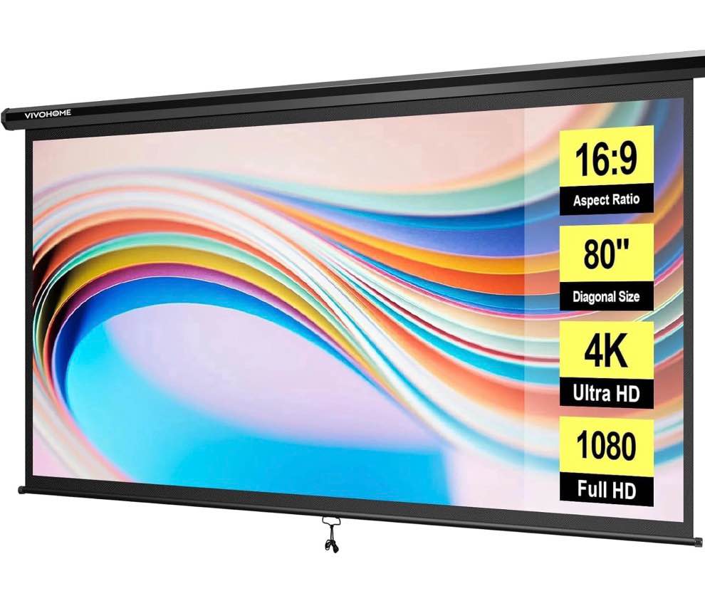 specstar 80 inch manual pull down projector screen, 16:9 hd retractable projector screens with auto locking for movie home theater cinema office video game, black(70wx40h inch display area)