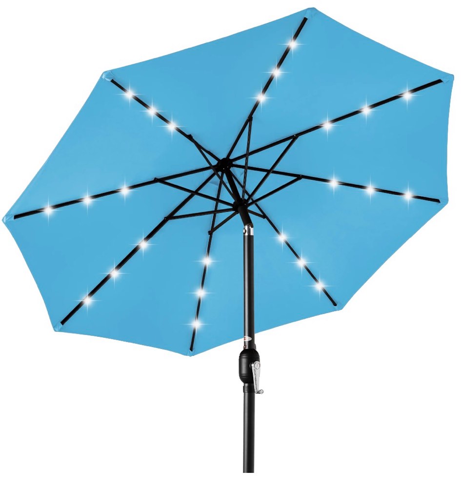 best choice products 10ft solar led lighted patio umbrella w/ tilt adjustment, uv-resistant fabric - sky blue