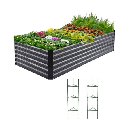 quictent 8x4x2 ft heavy duty raised garden bed galvanized steel metal deep planter box with 2 tomato cages for outdoor gardening dark gray