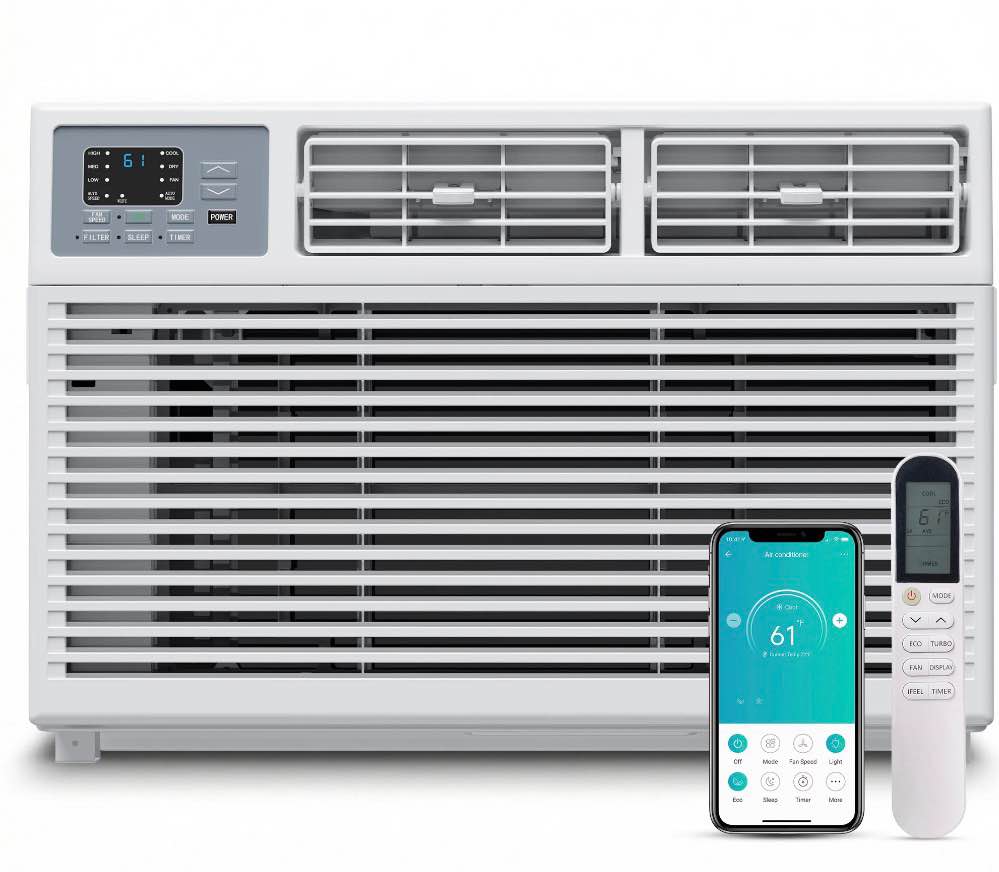 simzlife 12 000 btu window air conditioner with app cools up to 550 sq ft 4 cooling modes remote control white