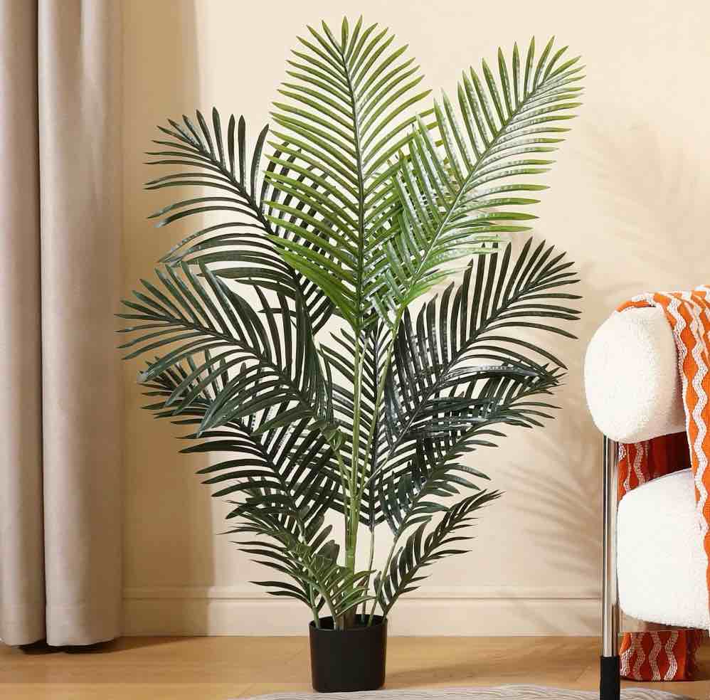 Condition photo showing New/Like New for dr.planzen 2 pack fake majesty palm plant 4 feet artificial majestic palm faux ravenea rivularis in pot for indoor outdoor home office store, great housewarming gift