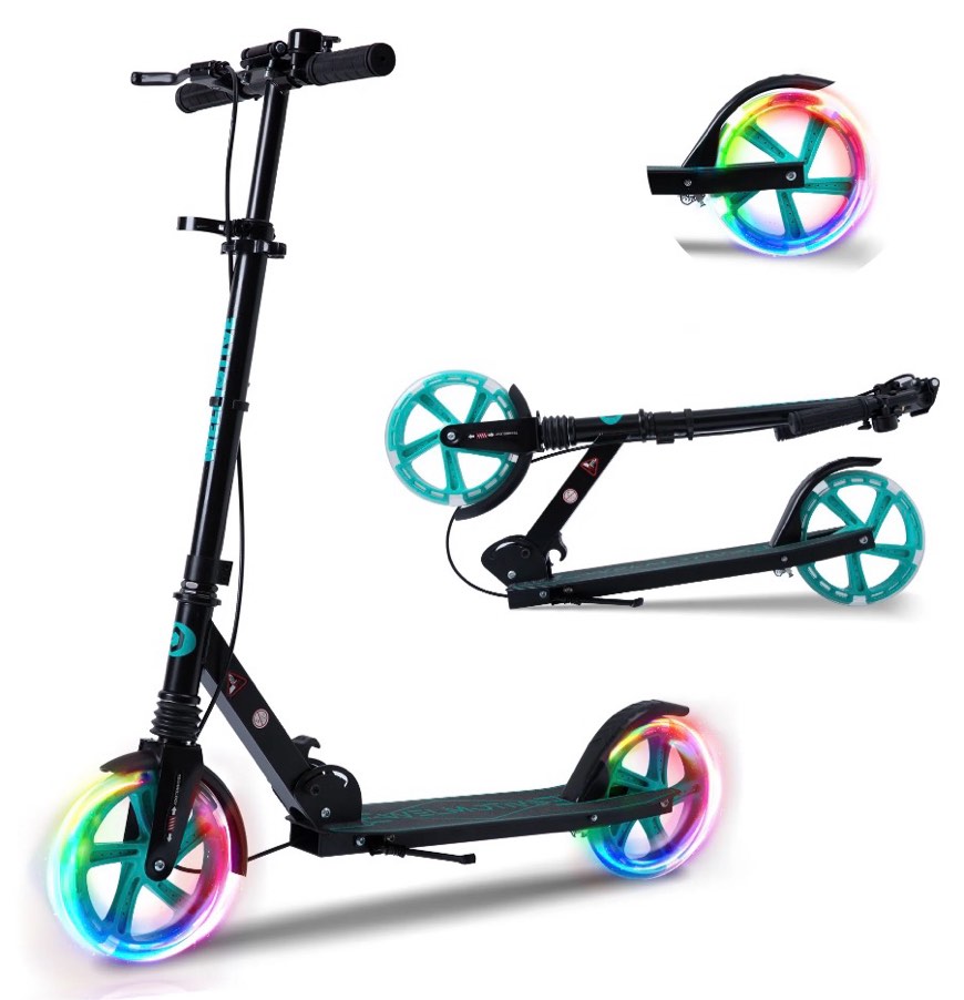 welmotive kick scooter for kids ages 6+ teens & adults, with front handbrake and rear brake, and adjustable handlebars, big sturdy pu flash wheels great gift & toy