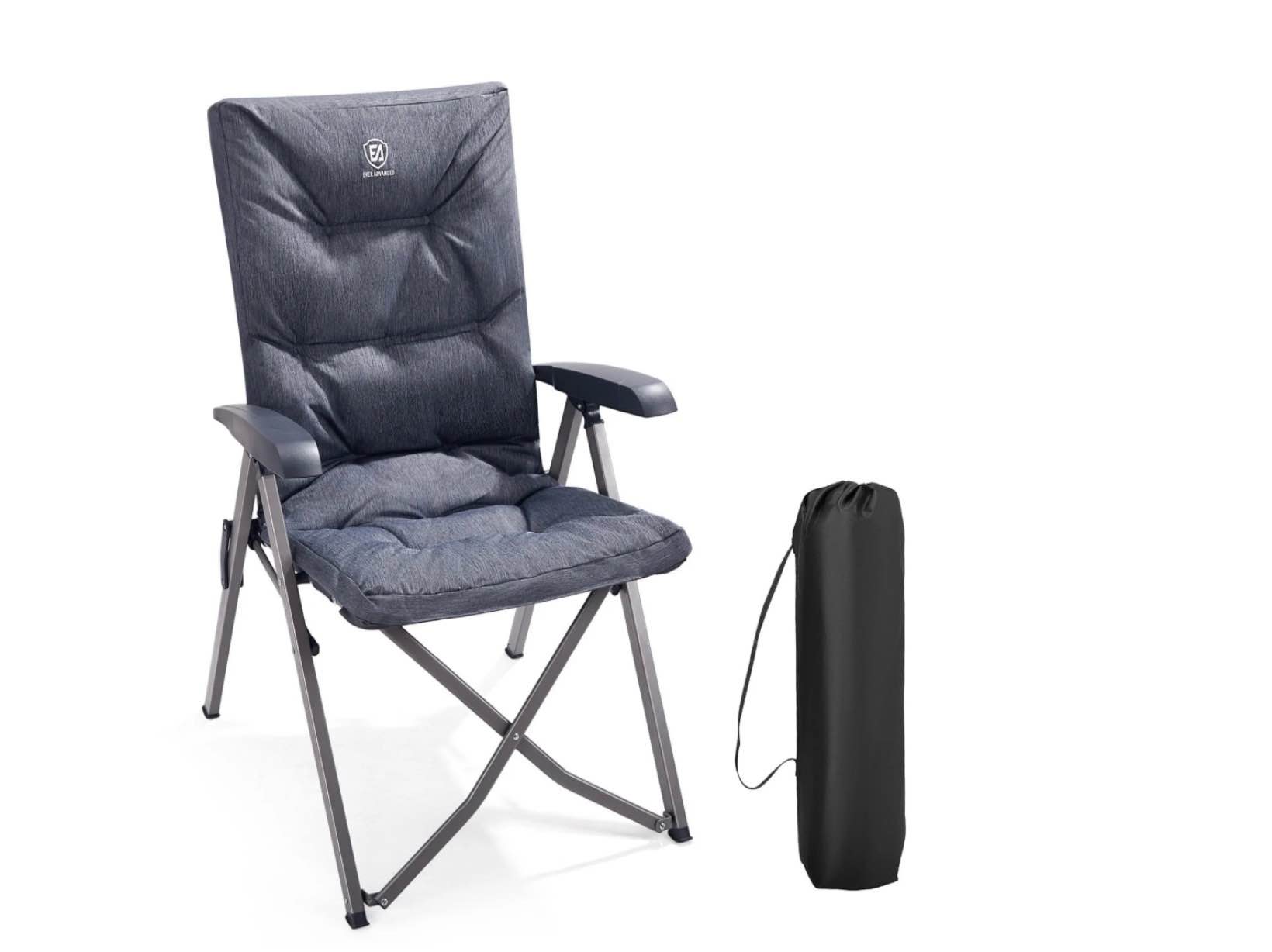 ever advanced folding recliner camping chair with adjustable high back  fully padded  portable patio reclining chair for adults  grey