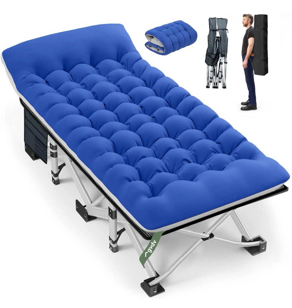 gvdv folding camping cot for adults with 2 sided mattress - 75" x 28" cot, 1200d oxford portable cot bed with carry bag for camp travel guest, blue