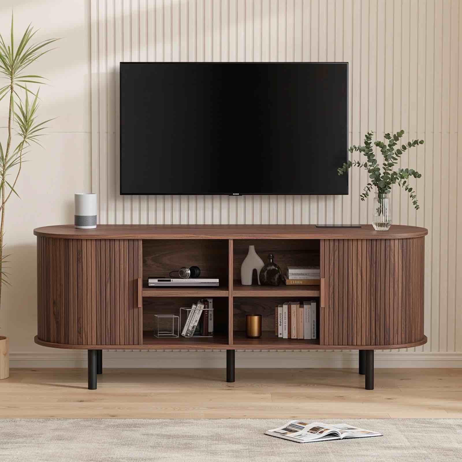 MARNUR 55" TV Stand for 60" TV, Wood Entertainment Center with Storage and Shelves, 2 Sliding Tambour Doors, Mid-Century Modern