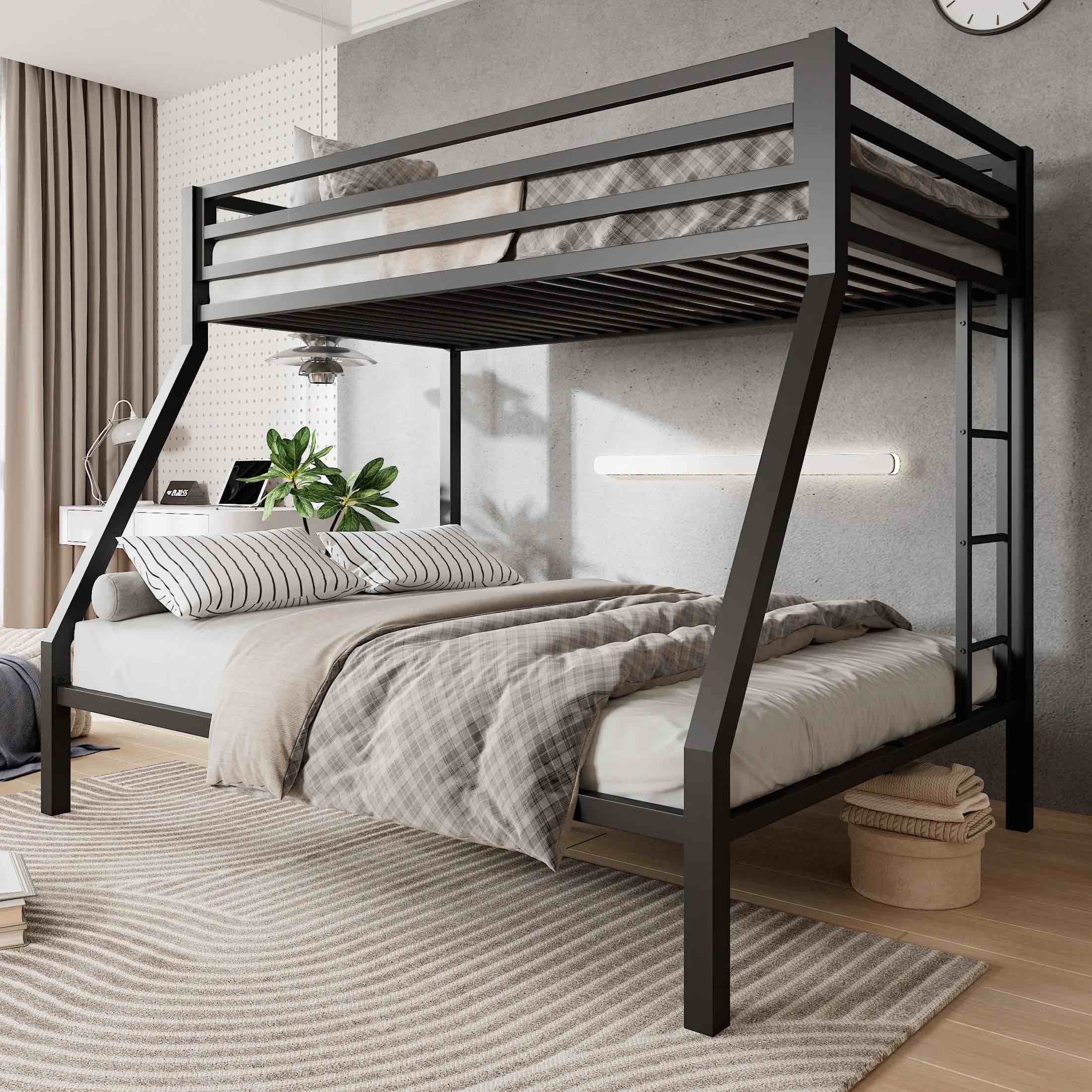 Amolife Twin over Full Size Metal Bunk Bed with Removable Ladder, Full-Length Guardrail, Black