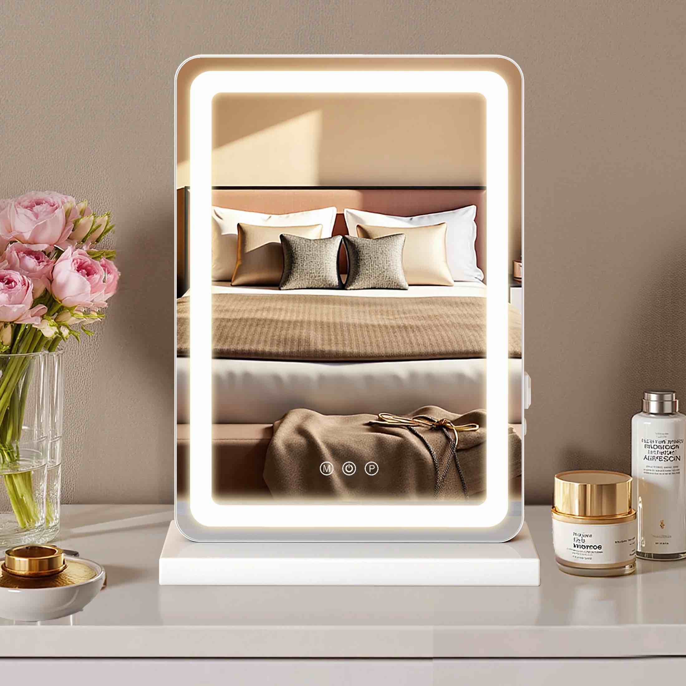 EDX Vanity Mirror with Lights, 17" x 19" LED Makeup Mirror with Dimmable 3 Color Modes, Touch Screen Control Vanity Based Mirror Desk Mirror Square White
