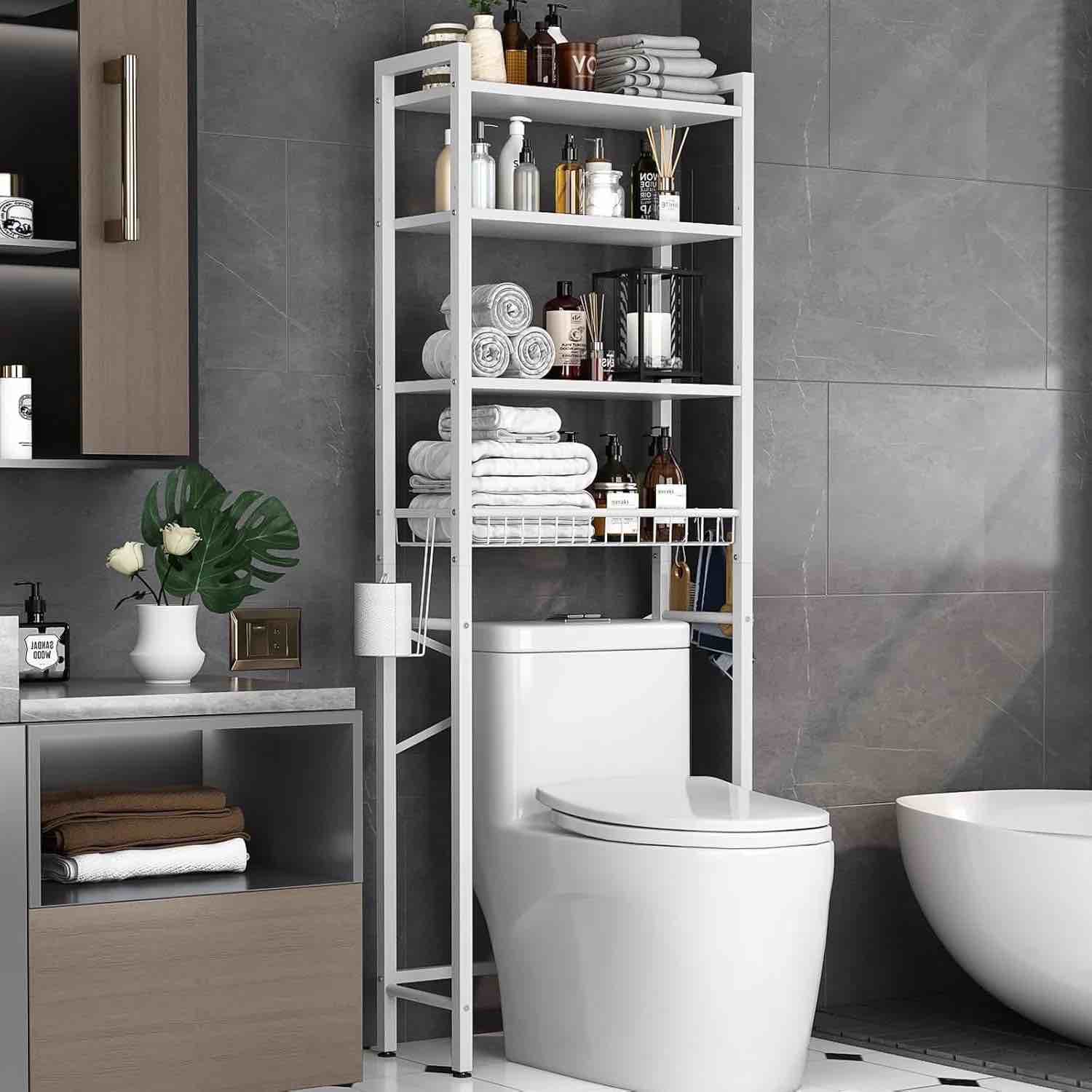 Biemlerfn Over The Toilet Storage Shelf, 4-Tier Wooden Bathroom Organizer Adjustable Saver Space Rack with Toilet Paper Holder, Pure White