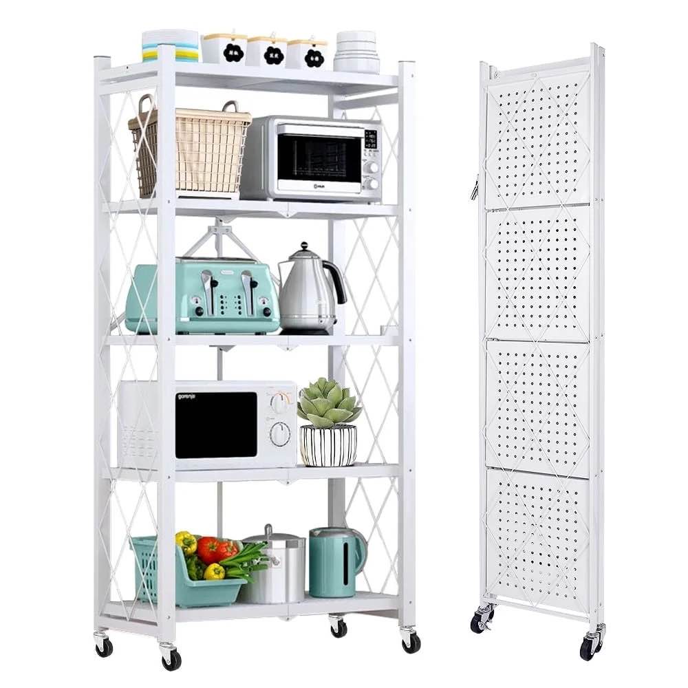 COOKCOK 5-Tier Storage Shelving Unit, Metal Shelf 27.9"x13.4"x62.5, Foldable Storage Shelf with Wheels, Garage Shelf, Metal Storage Rack, Kitchen Shelf with 4 Hooks, No Assemble Require, White