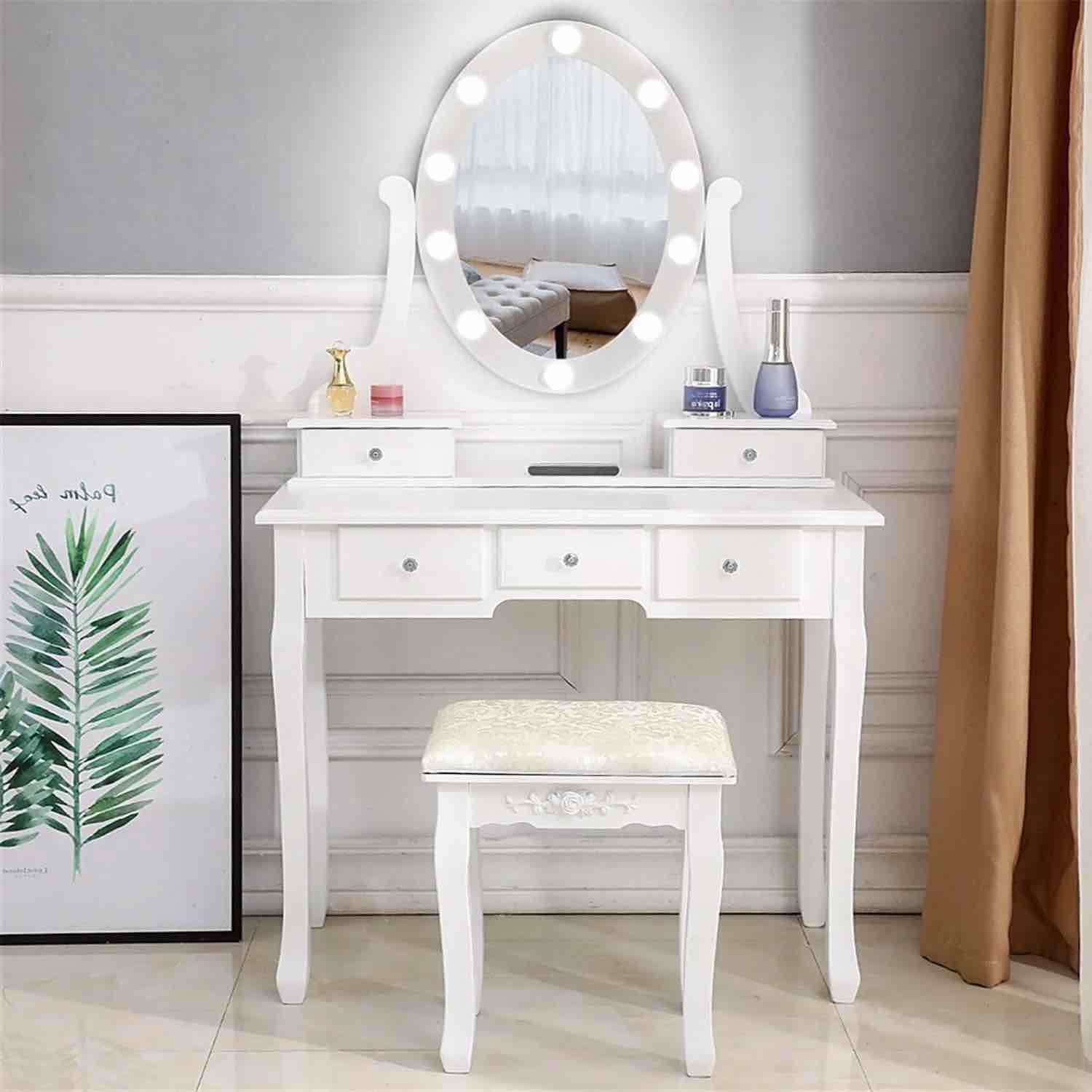 ktaxon vanity table 10 led lights, 5 drawers makeup dressing desk with cushioned stool set,bedroom vanities set white