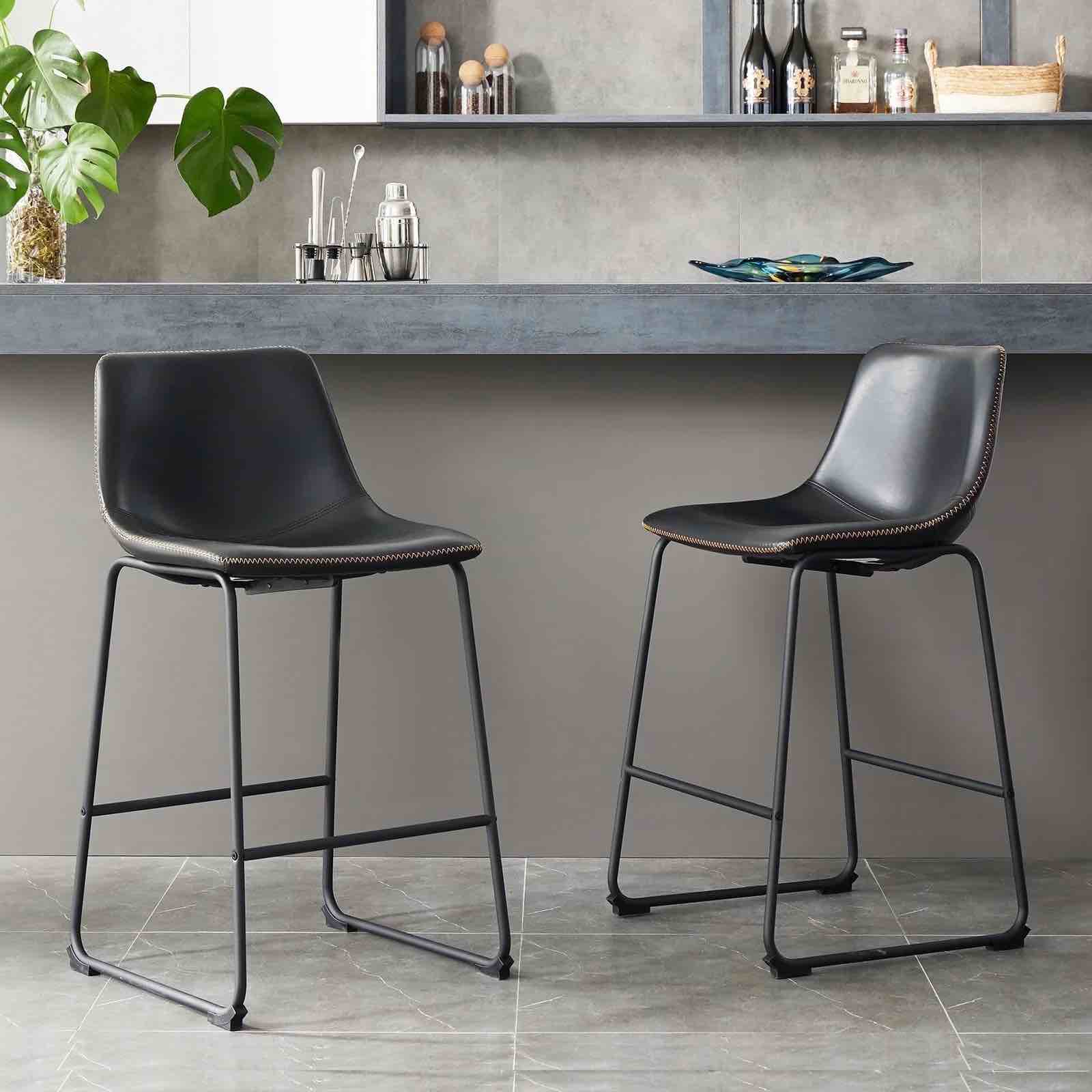 concetta bar stools set of 2, counter height bar stools with back, 26 inch armless industrial faux leather barstools with metal legs and footrest for home office kitchen