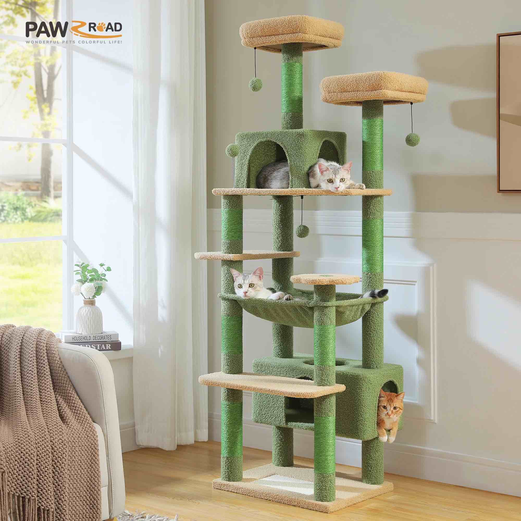 PAWZ Road 73"Cat Tree for Large Cats Multi Level Play Tower Condo 7 Sisal Cat Scratching Posts,Green