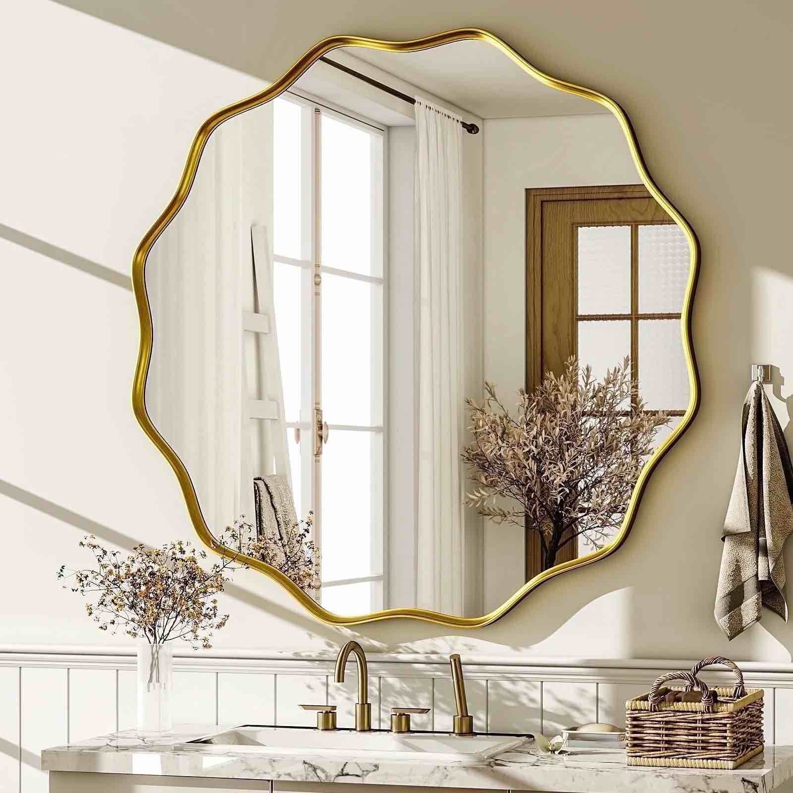 BEAUTYPEAK 30" Wavy Round Bathroom Mirror Wall Decor with Deep Frame, Gold