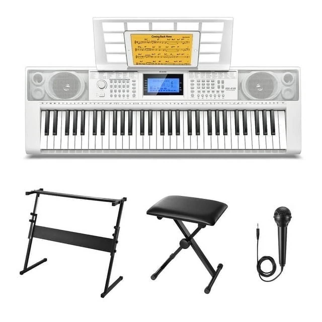 Donner Keyboard Piano 61 Key, Electric Keyboard Kit with 249 Voices - Includes Piano Stand, Stool, Microphone, Gift for Beginners, White (DEK-610S)