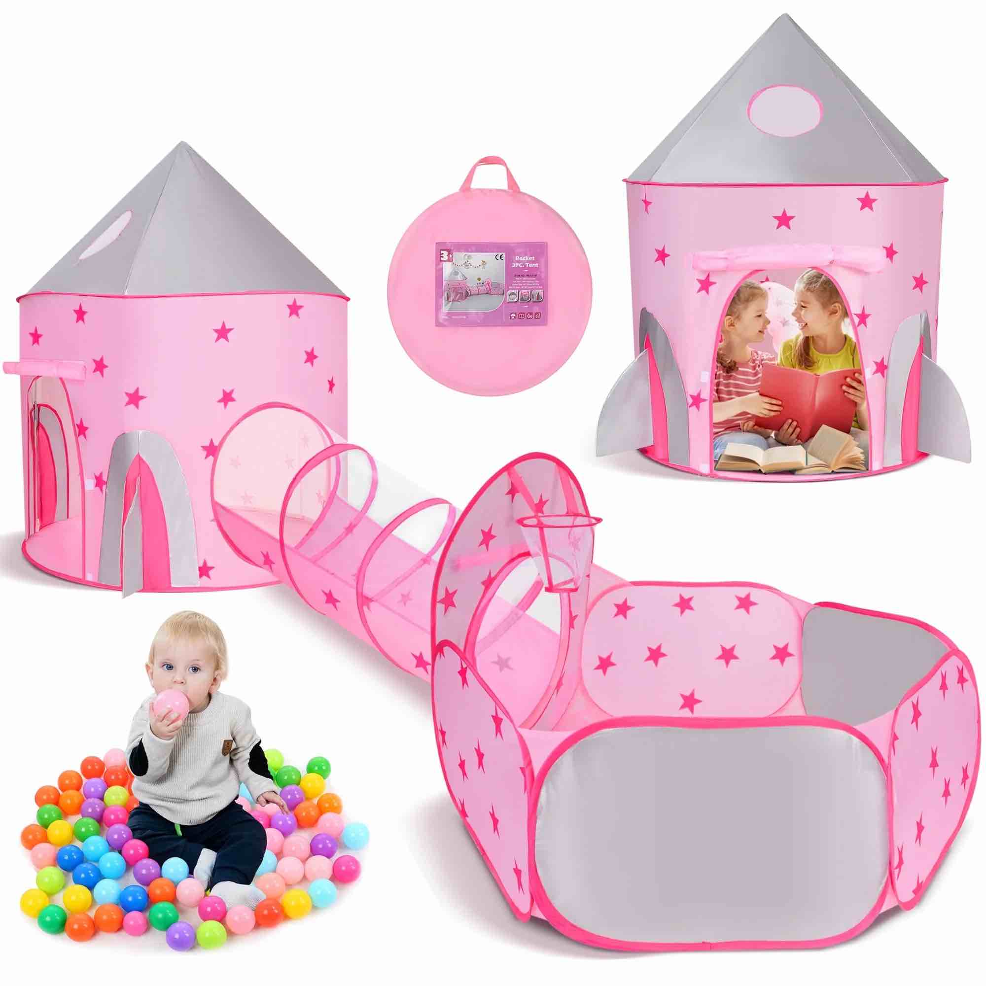 Wisairt Kids Play Tent, 3 in 1 Play Tents Tunnel Set with Ball Pit and Storage Bag, Indoor Outdoor Toy Tent for Toddlers Kids Toy Gifts, Pink (No Ball)