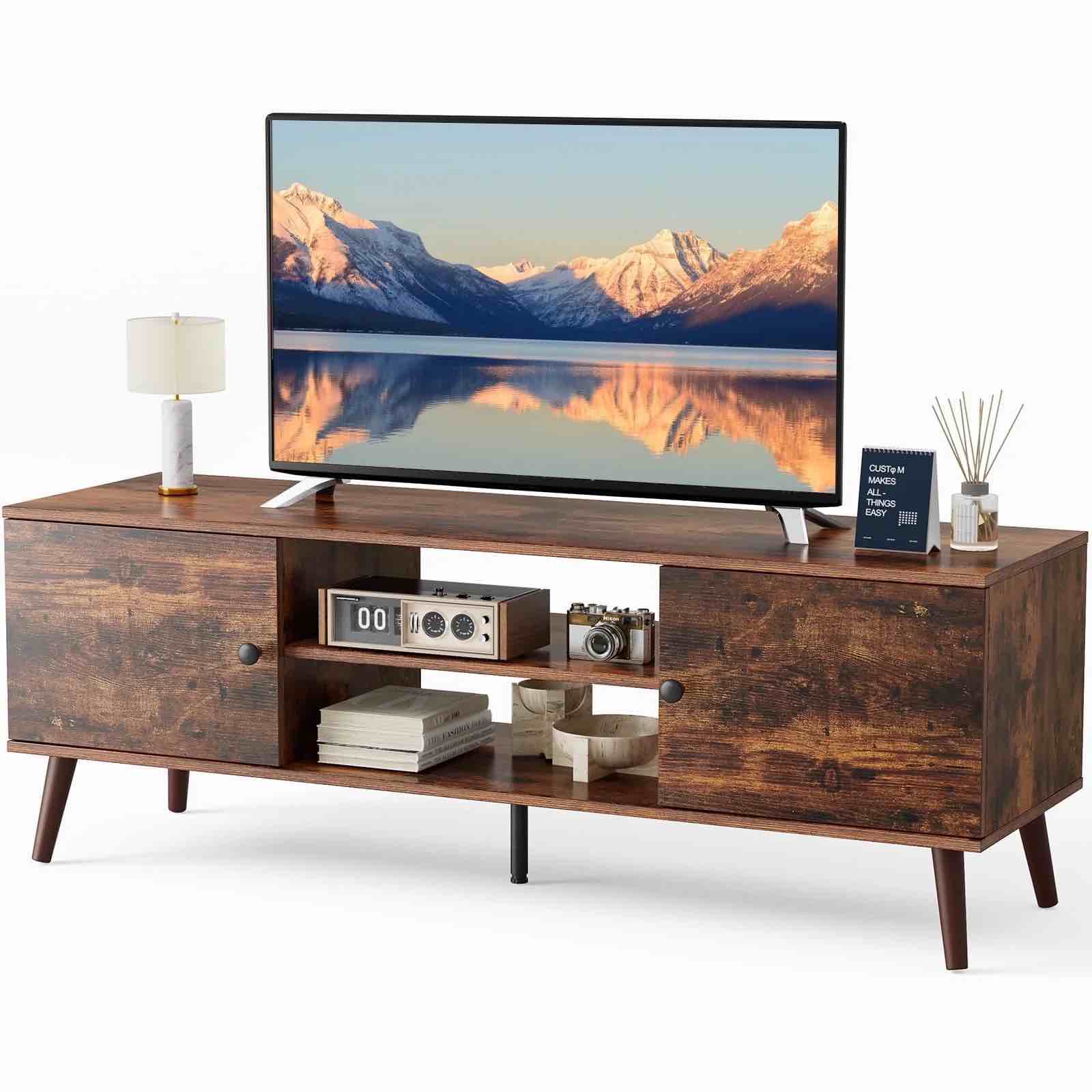 edx Modern TV Stand for 55-60 inch TV, Mid Century Entertainment Centre, Media Console Table with Storage for Living Room, Office, Brown
