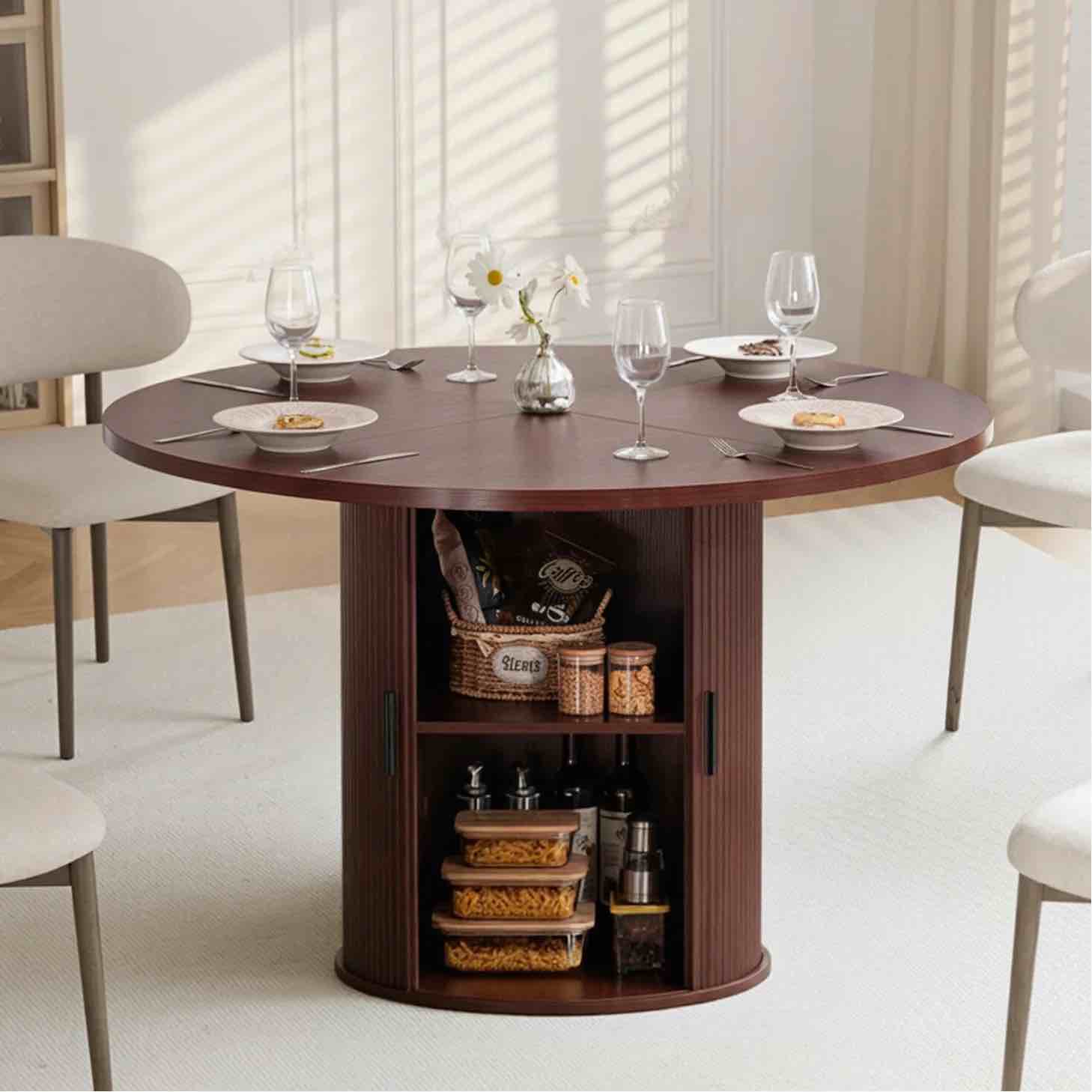 Hommpa 48" Round Dining Table with Storage, Morden Kitchen Table Wood for 4 with 2-Layer Storage Shelves and Wood Slide Door for Kitchen for Party Holiday Festival Christmas Gift, Brown