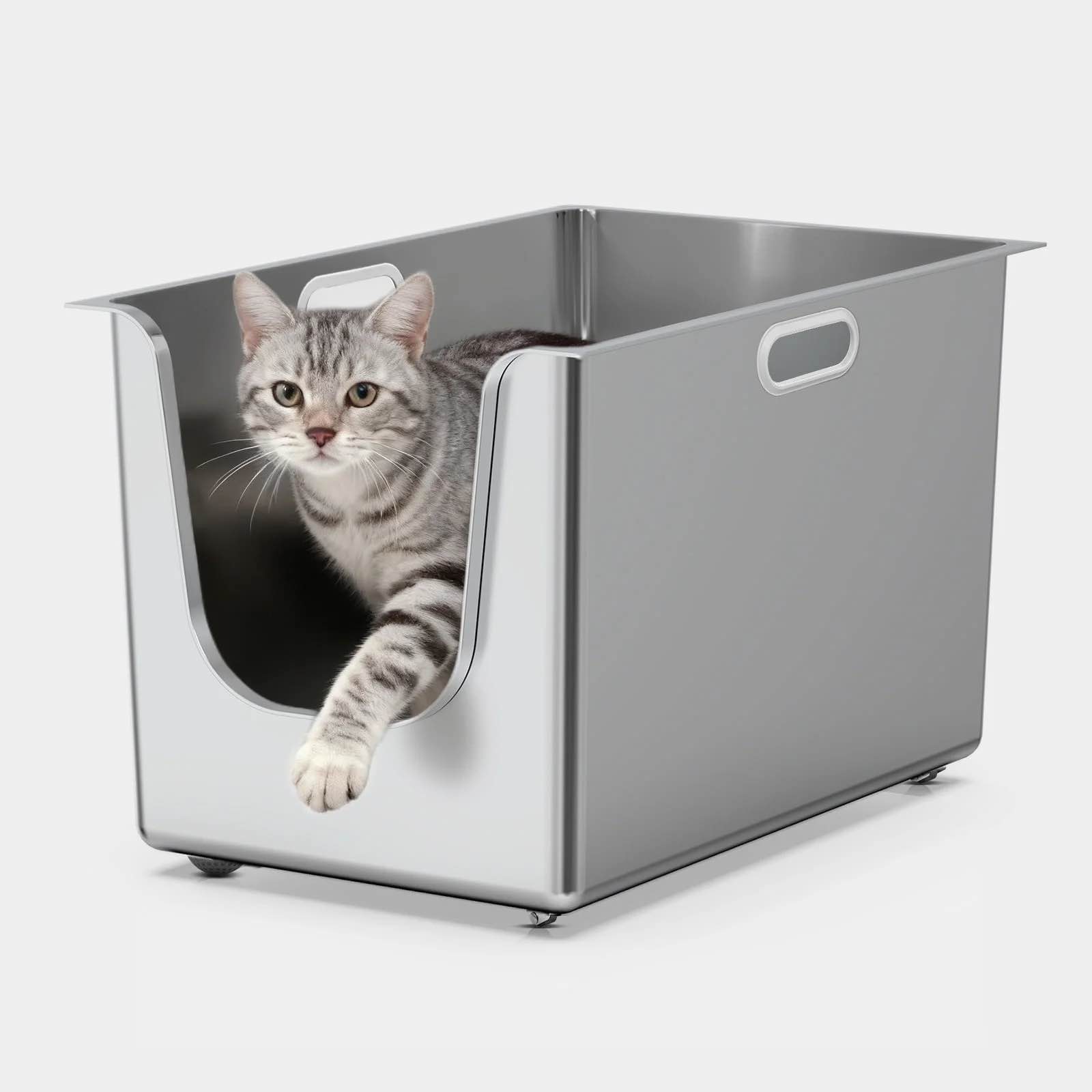 Ptlom Stainless Steel Litter Box with 13.7'' High Sides Anti-Splashing Seamless Metal Litter Box Extra Large Low Entry Litter Pan for Big Cats