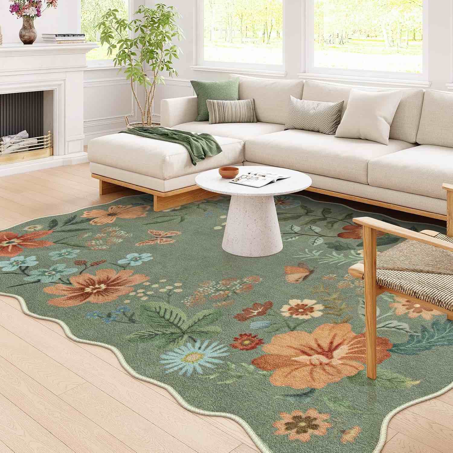 Moynesa 8'x10' Floral Washable Area Rugs, 8x10ft Soft Bedroom Large Rug for Living Room Ultra-Thin Non Slip Dining Room Rug, Stain Resistant Boho Rugs Easy Clean Throw Carpet for Office,Green