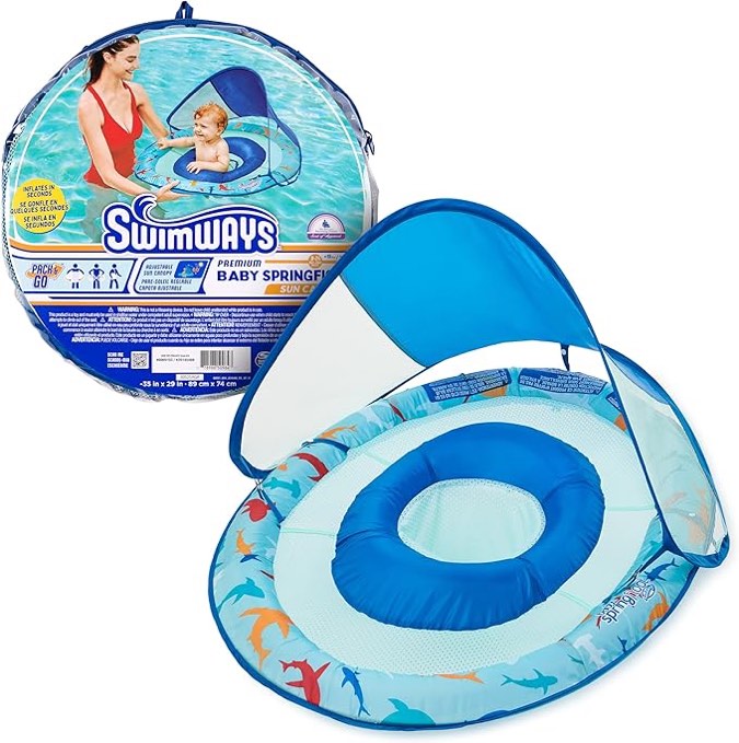 SwimWays Baby Spring Float with Adjustable Canopy and UPF Sun Protection, Blue Lobster