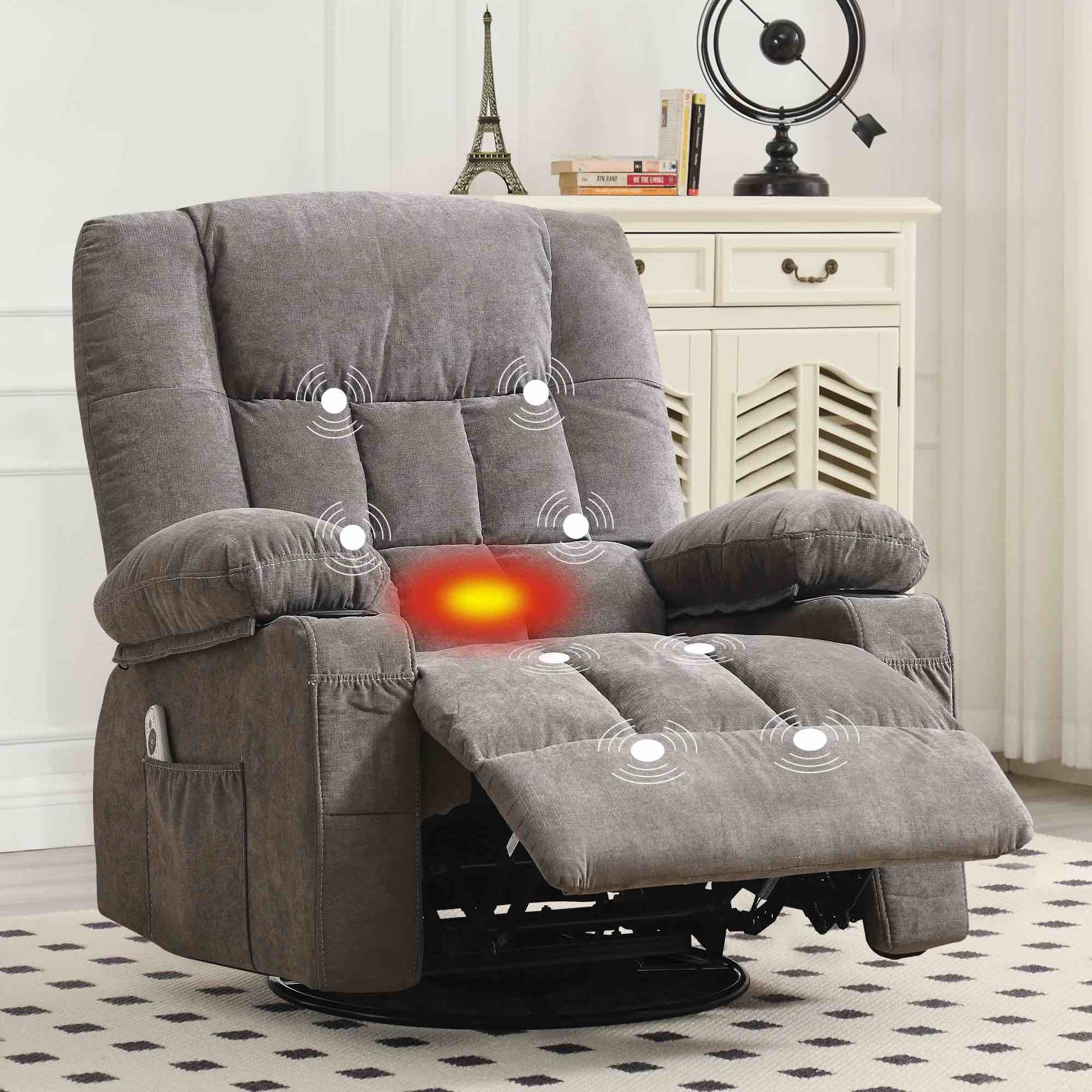  JONPONY Massage Swivel Rocker Recliner Chair with Vibration Massage and Heat Ergonomic Lounge Chair for Living Room with Rocking Function and Side Pocket, 2 Cup Holders, USB Charge Port,Gr