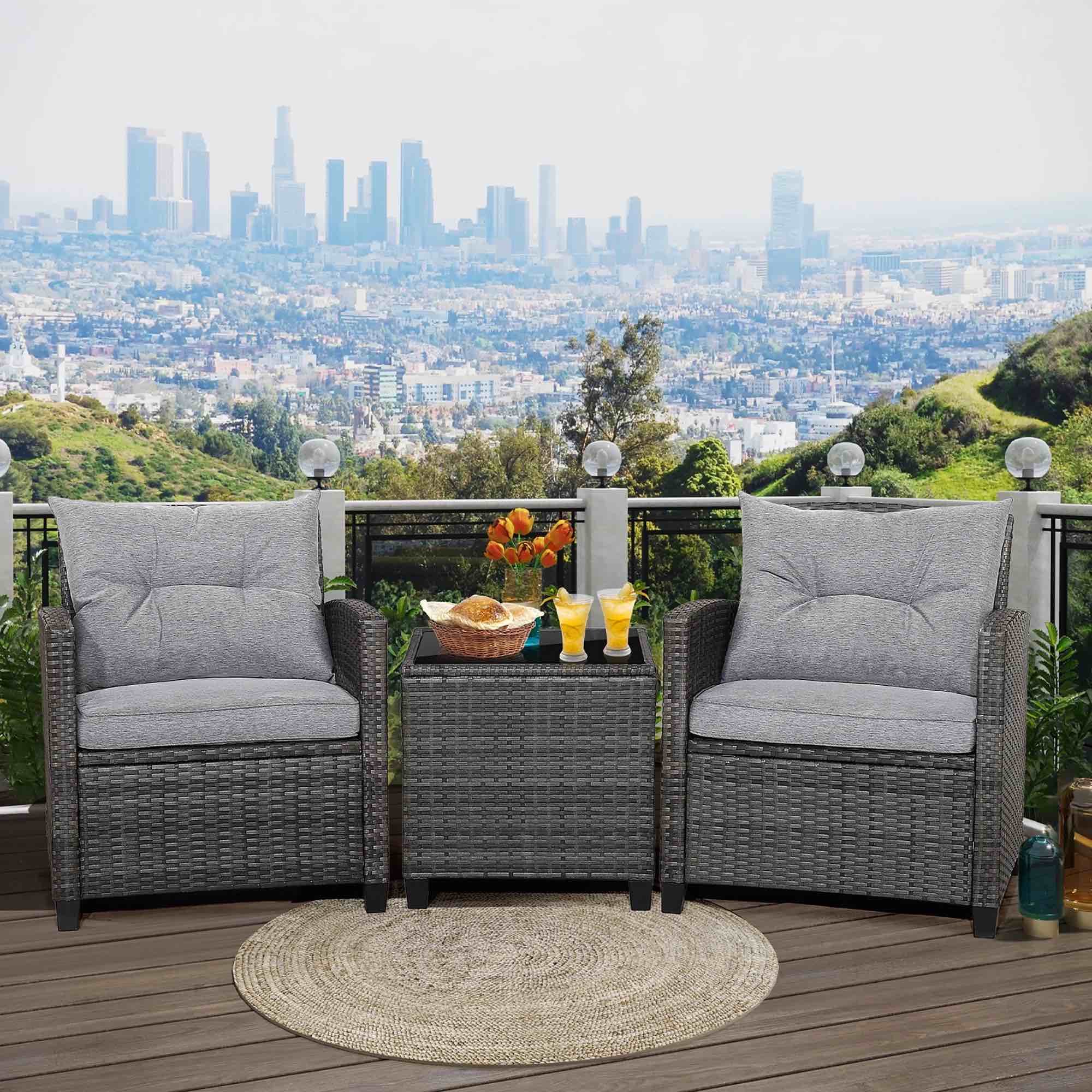 Gymax 3PCS Patio Rattan Sofa Set Outdoor Wicker Conversation Set Glass Tabletop w/ Grey Cushi