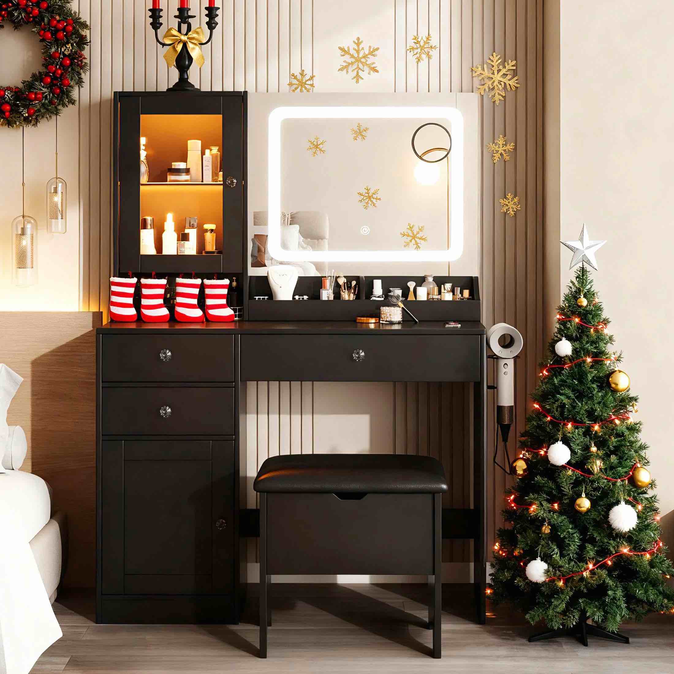 UHOMEPRO Vanity Set with Mirror, Black Makeup Desk with Charging Station and LED Strip, Makeup Dressing Table Set for Women, Ladies Gif