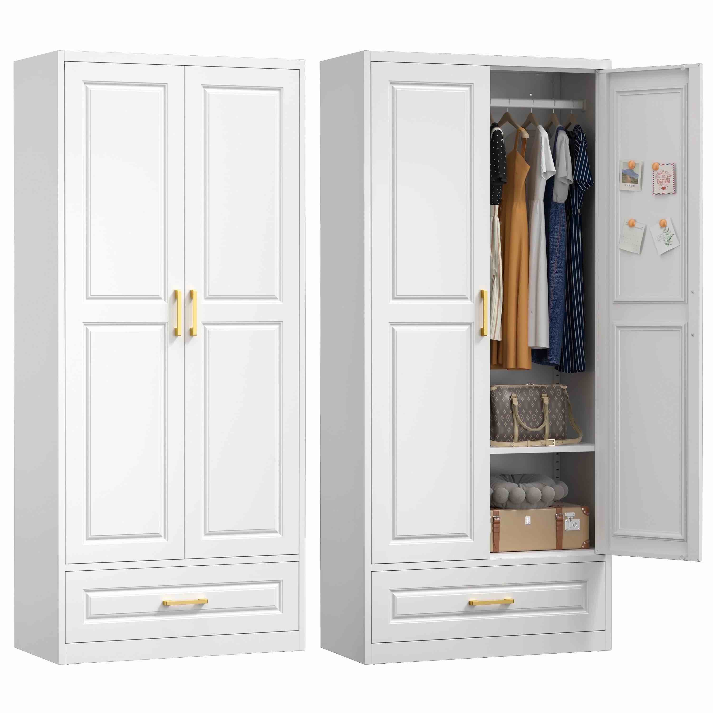 Polup Metal 71“ H Armoire Wardrobe Closet with Drawer, Adult White Wardrobes with Doors ,Hanging Rod