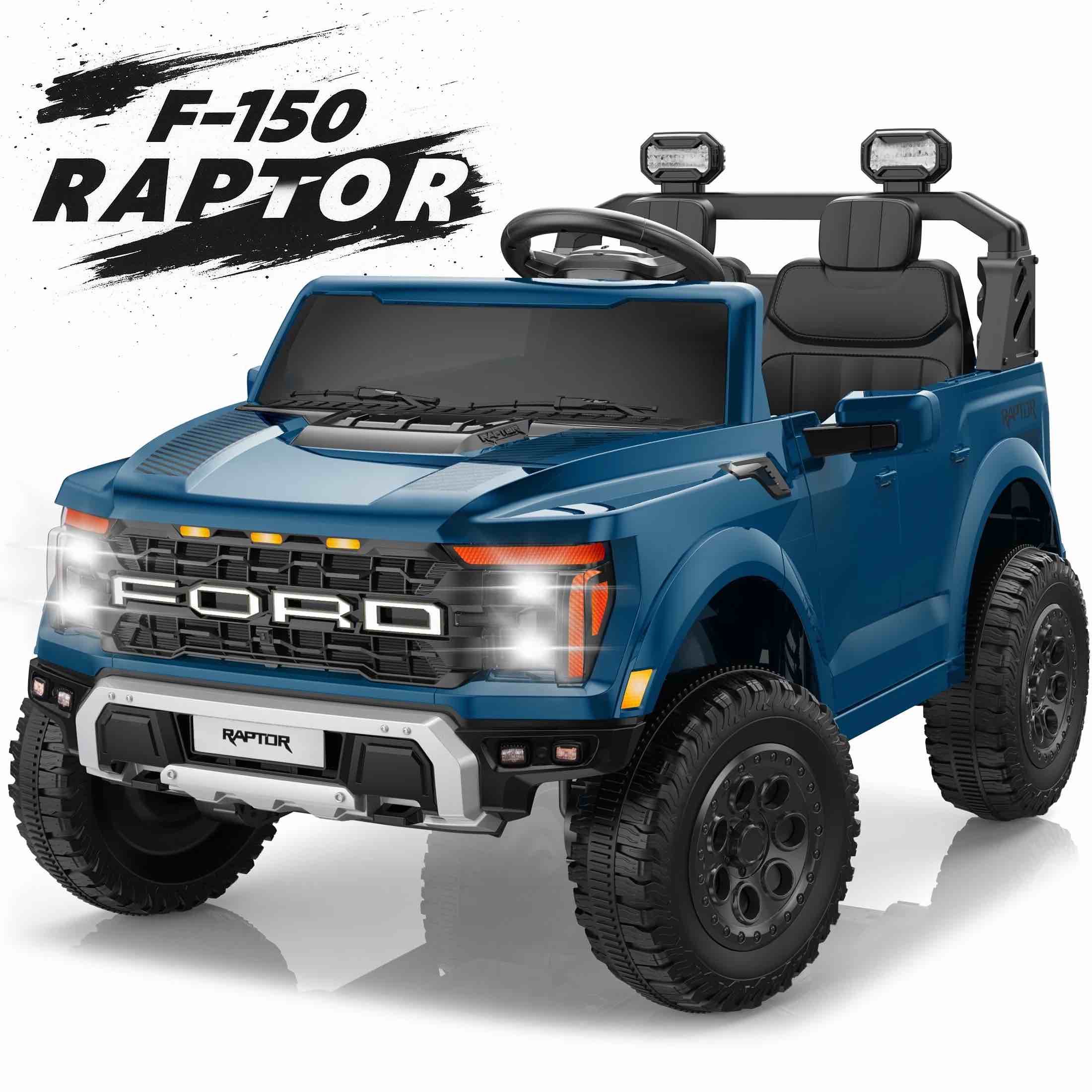 24V Ride on Cars 2 Seater for Kids, Ford F150 Raptor Battery Powered Ride on Toys Truck with Remote Control, 4 Wheels Spring Suspension, Electric Car for Kids Toddler 3-8 w/Bluetooth & Lights, Blue