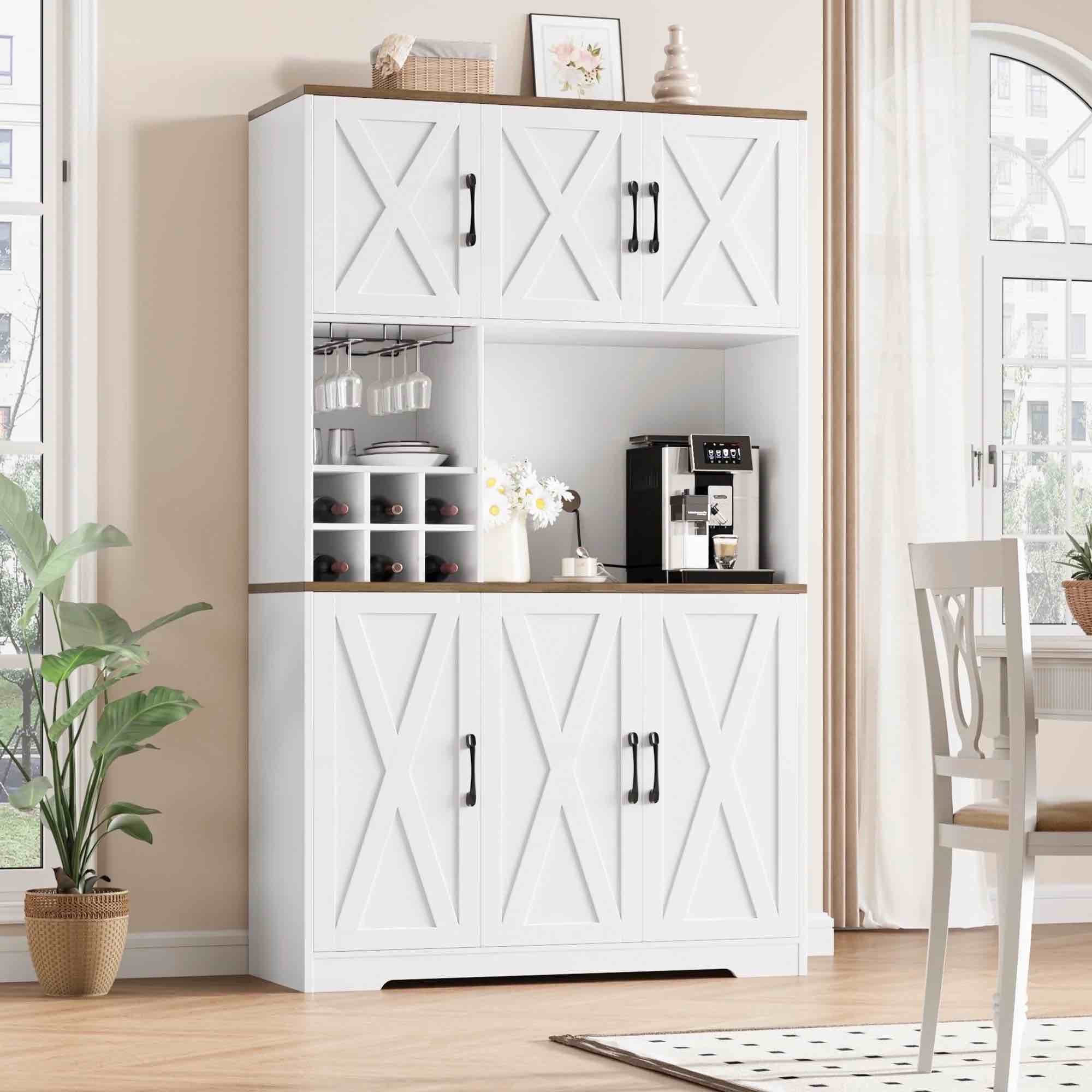 Homfa 70.9'' Tall Kitchen Pantry with Microwave Countertop, Farmhouse Buffet Hutch, Floor 6 Doors Cupboard Storage Cabinet for Dining Room Kitchen, White