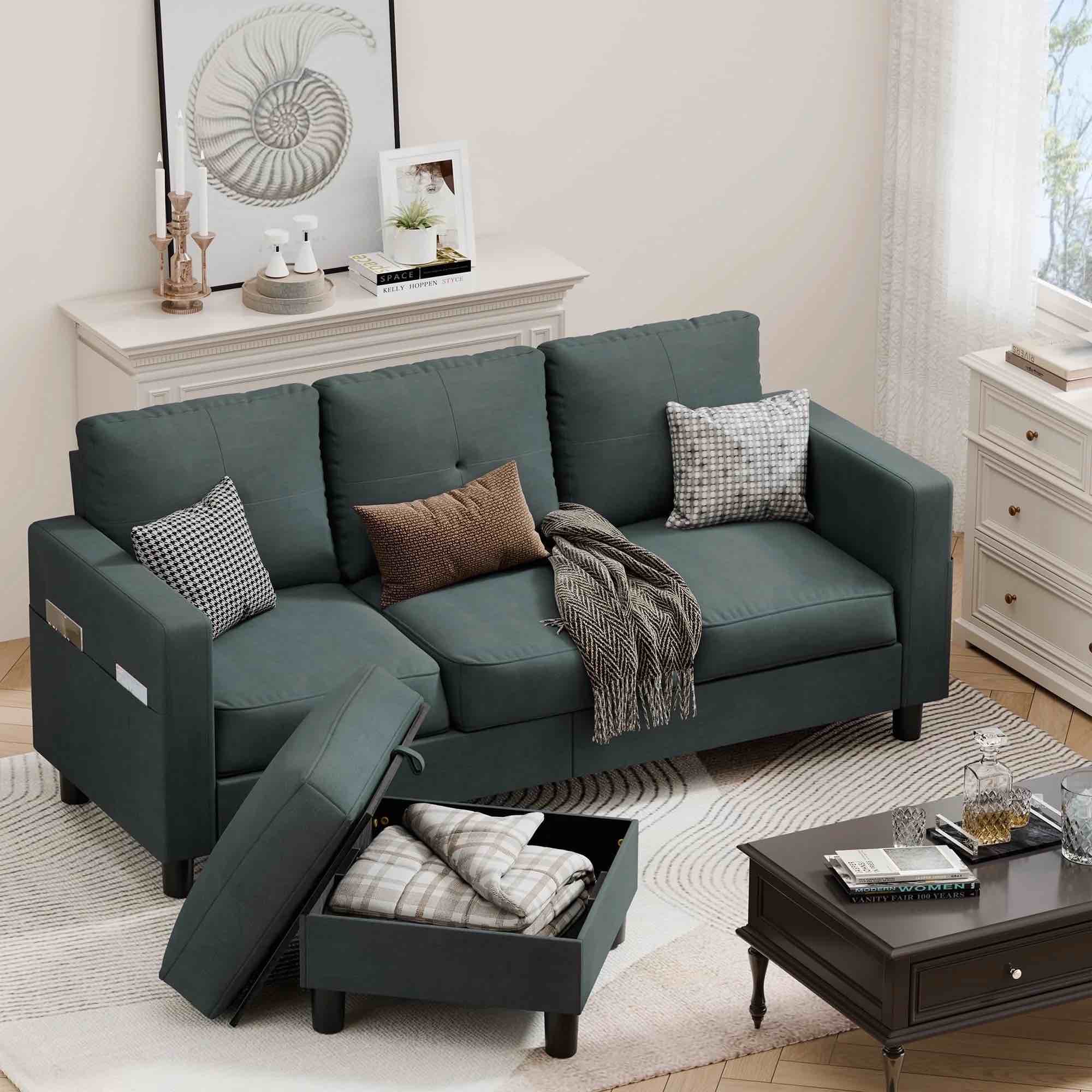 Walsunny 76.4" Convertible Sectional Sleeper Sofa with Movable Storage Ottoman Couch L Shape Chaise for Small Space,DarkGray