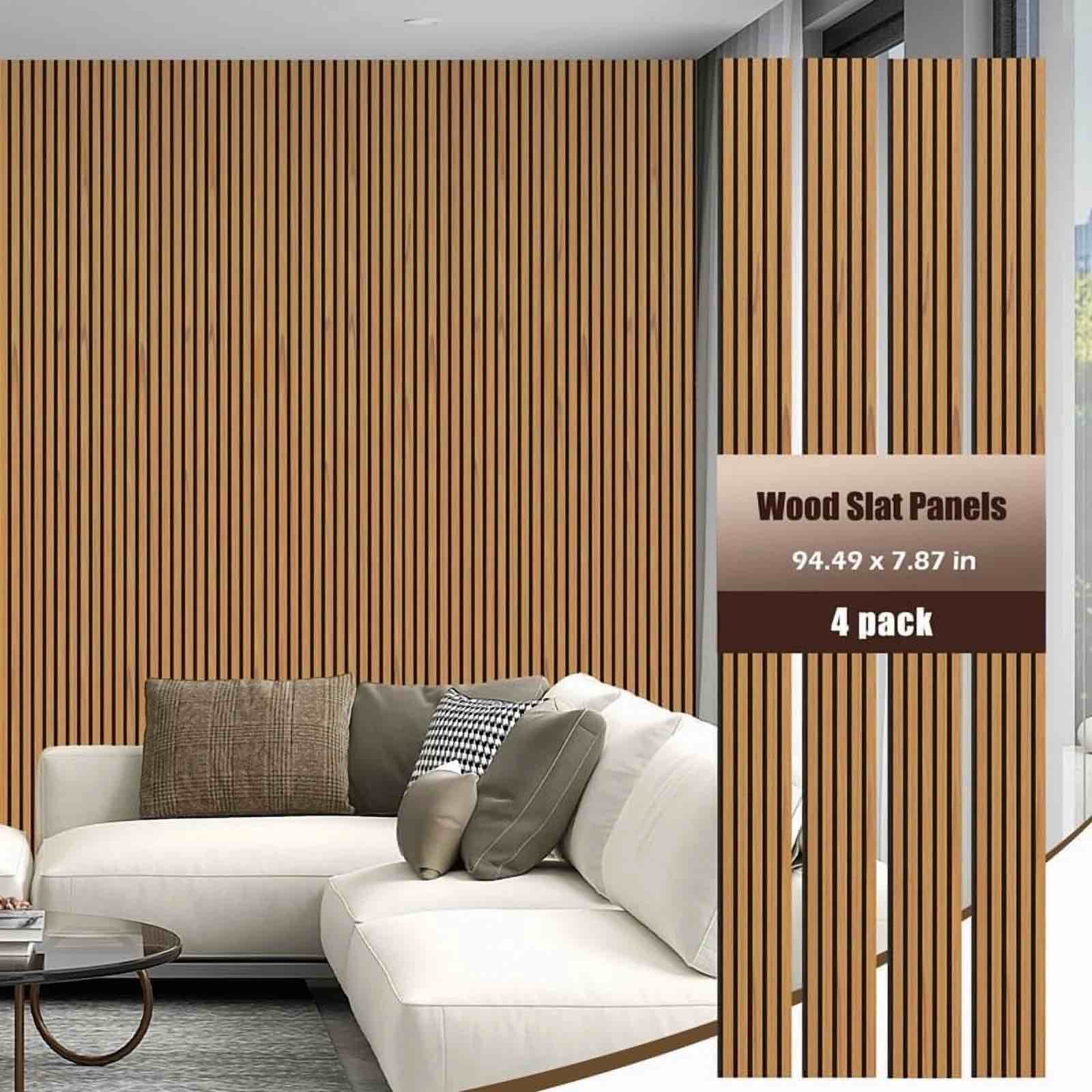 Wood Slat Acoustic Panels for Wall 3D Fluted Sound Absorbing Panel with Wood Finish Slat Wall Panels Home Decor Bedroom Sound Blocker Room Decor Sound Deadening Panels, 7.87"x94.48",Teakwood, 4 PCS