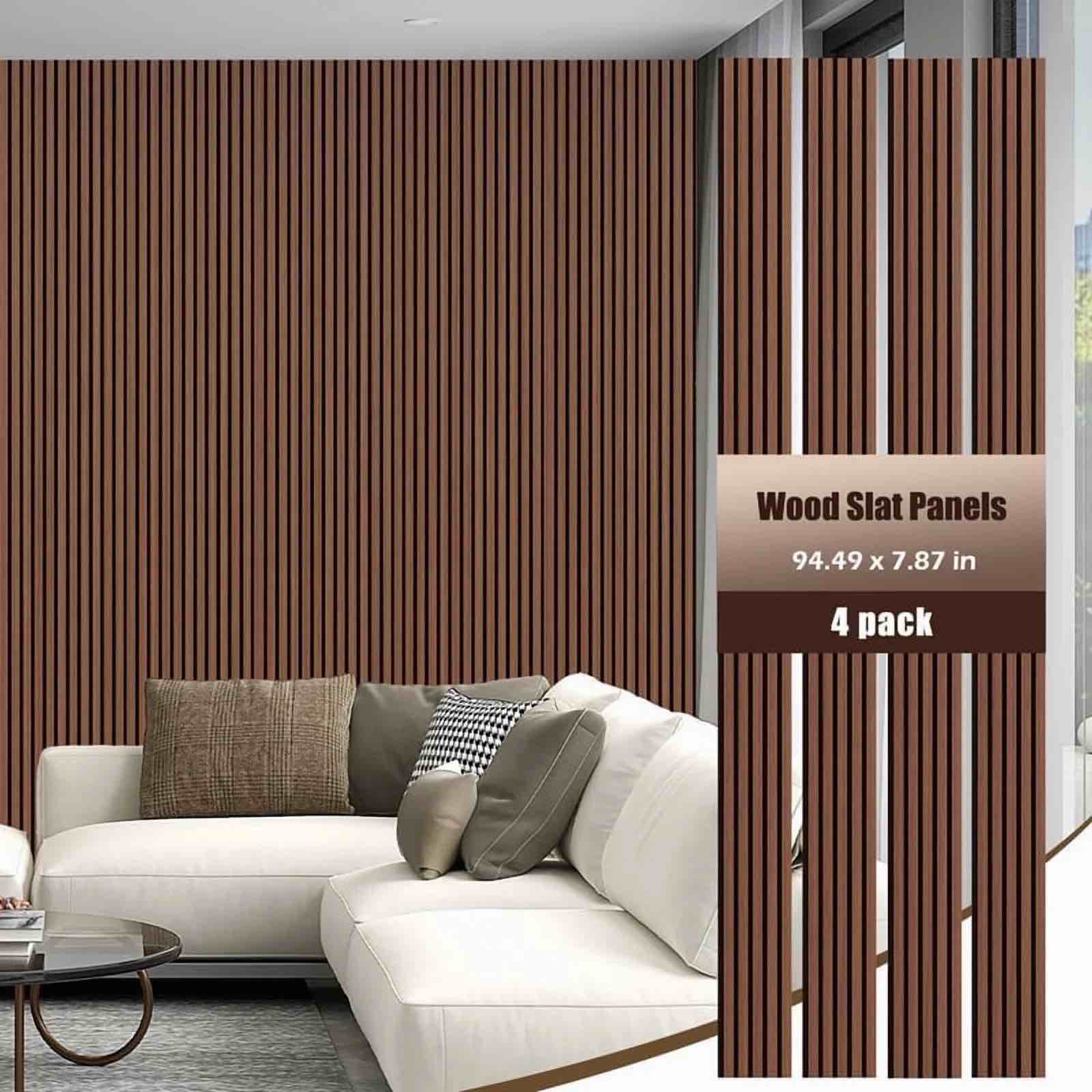 4 Pack Slat Wall Panels 3D Wood Wall Panels Felt Backing, 7.87x94.48 inch Acoustic Panels Sound Absorbing, 3D Wall Panels Decoration for Interior Wall Decor, Sound Proof Felt Panels for Walls, Walnut