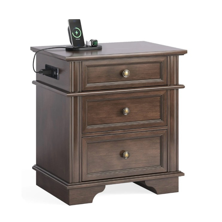 Ktaxon Wooden Nightstand with Outlets & USB Ports, 3 Drawer Traditional Cottage Bedside Table, Brown