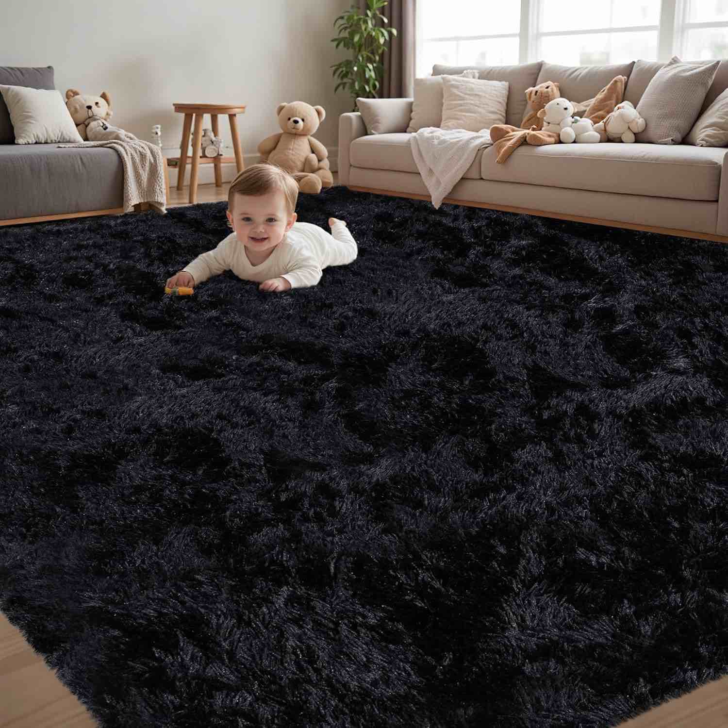 Area Rug for Living Room:Ultra Soft Fluffy Shag Black Rugs,Large Fuzzy Plush Indoor Non Slip Carpet Washable Rug for Bedroom Kids Nursery Office Dorm Modern Decor(Black