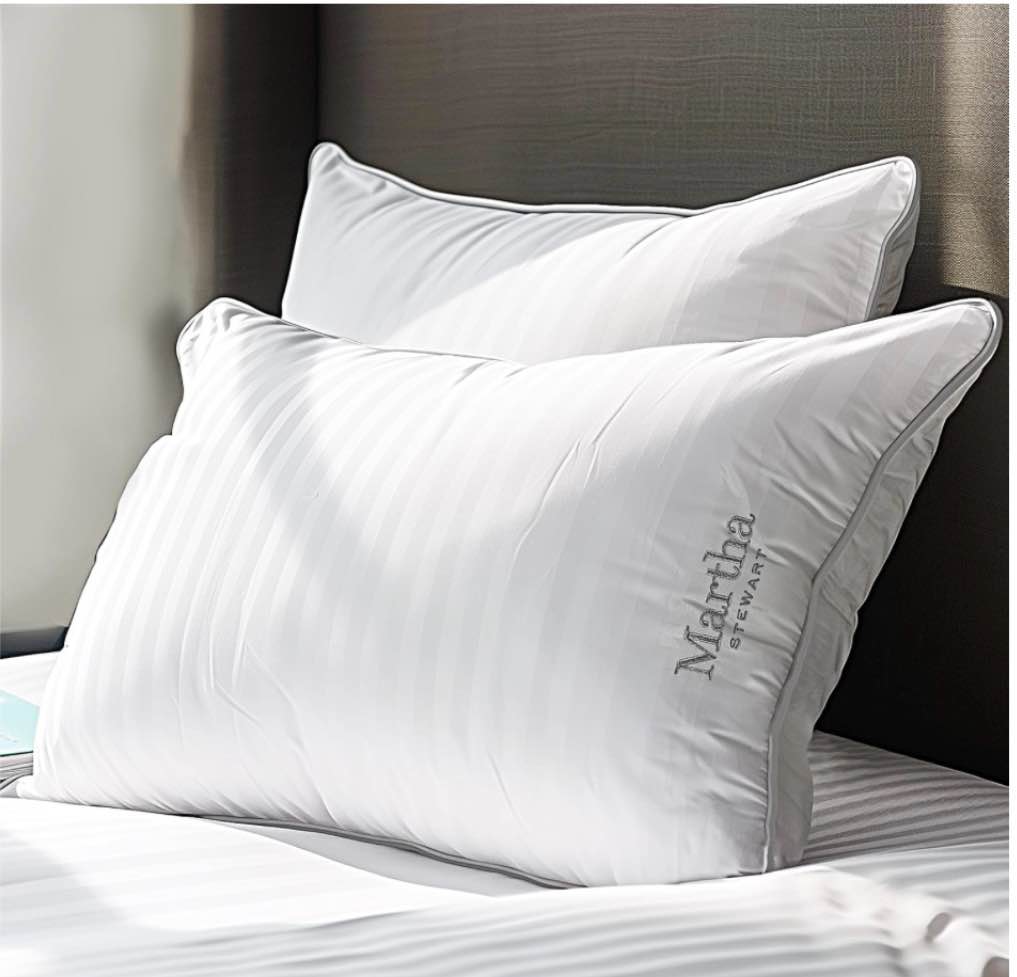 Martha Stewart Hotel Collection Pillow 500 Thread Count Damask Stripe Embroidered Feathers Soft Hypoallergenic 100% Cotton Queen Size Set of 2