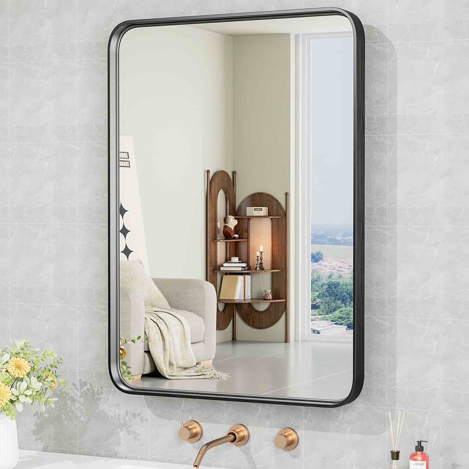 CONCETTA Shatterproof Bathroom Wall Mirror –24" x 36" Vanity Mirror with Rectangular Metal Frame, Anti-Fog, Black