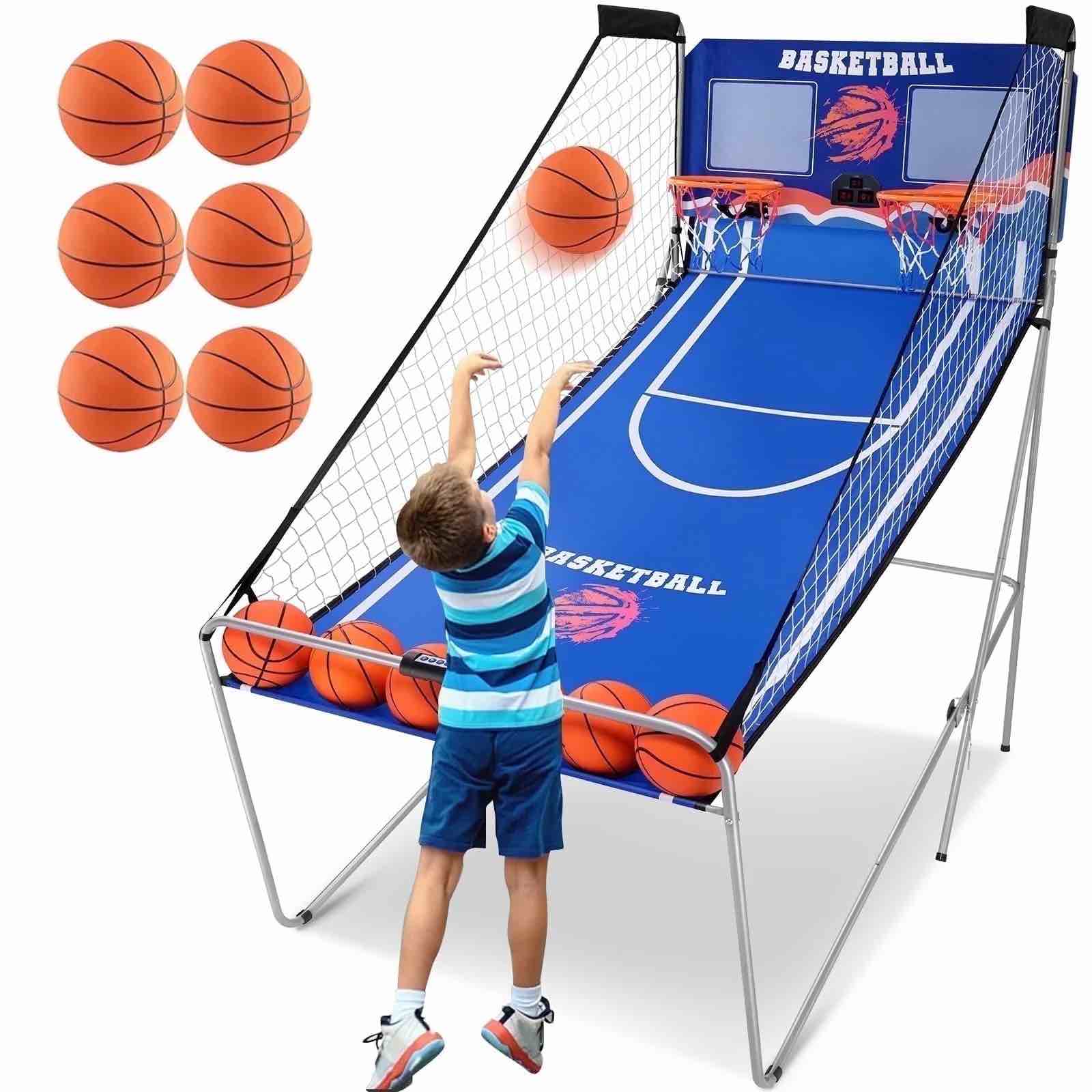 Dual Shot Basketball Arcade Game, Segmart 81"x44" Foldable Indoor Electronic Arcade Basketball Game with 6 Balls, 8 Modes, LED Scoreboard, Air Pump, Battery Powered for Adults, Blue