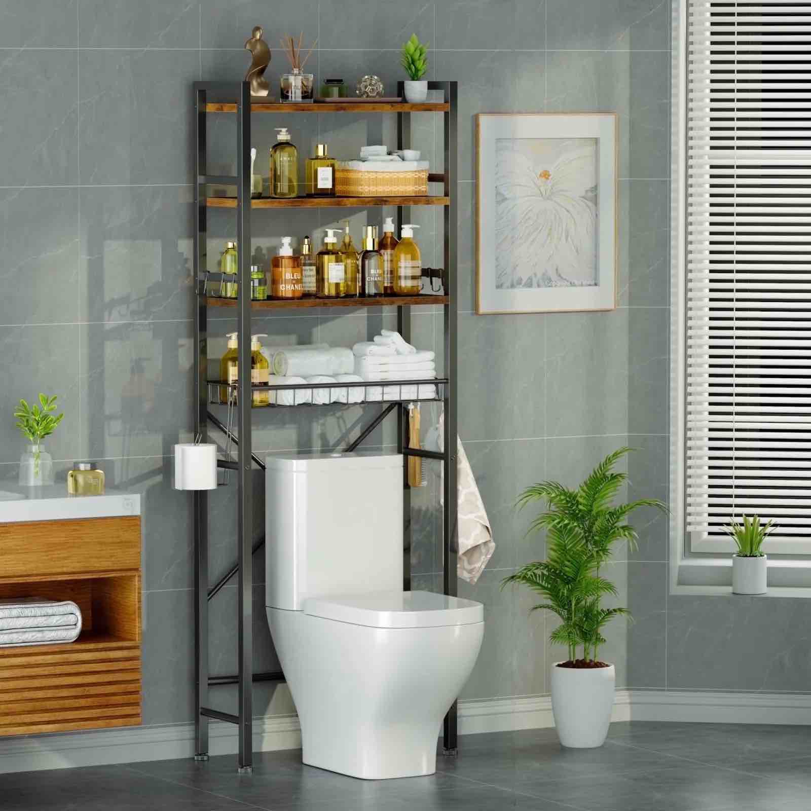 Capri Over The Toilet Storage Shelf, 4-Tier Freestanding Bathroom Organizers and Storage, above Toilet Space Saver Rack with Adjustable Shelves, Toilet Paper Holder and 9-Hooks, Rustic Brown