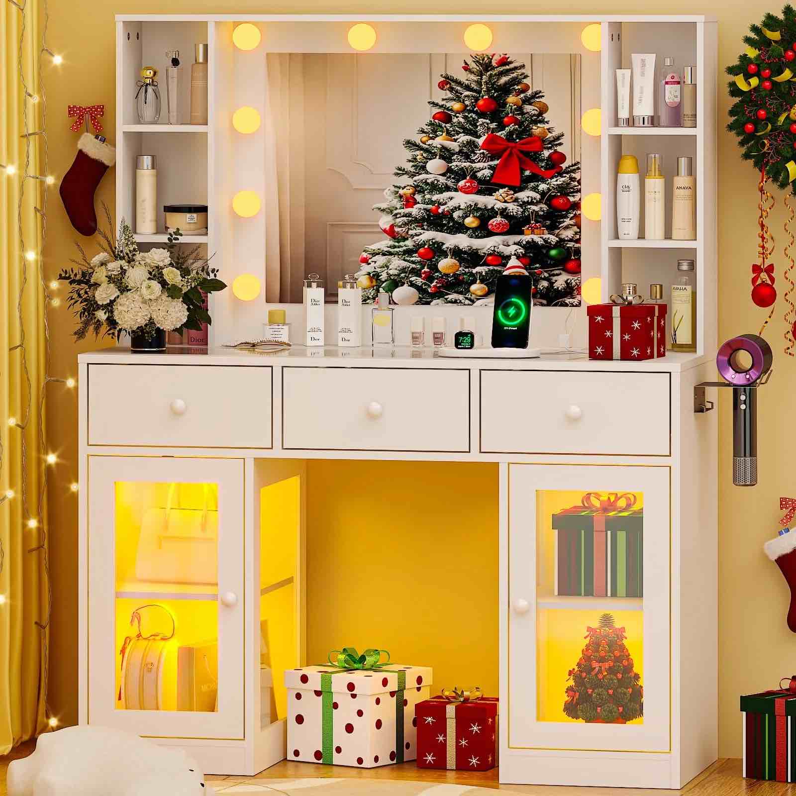 Ktaxon Makeup Vanity with Lighted Mirror, Vanity Table with Glass Table Top and Charging Station for Bedroom, White